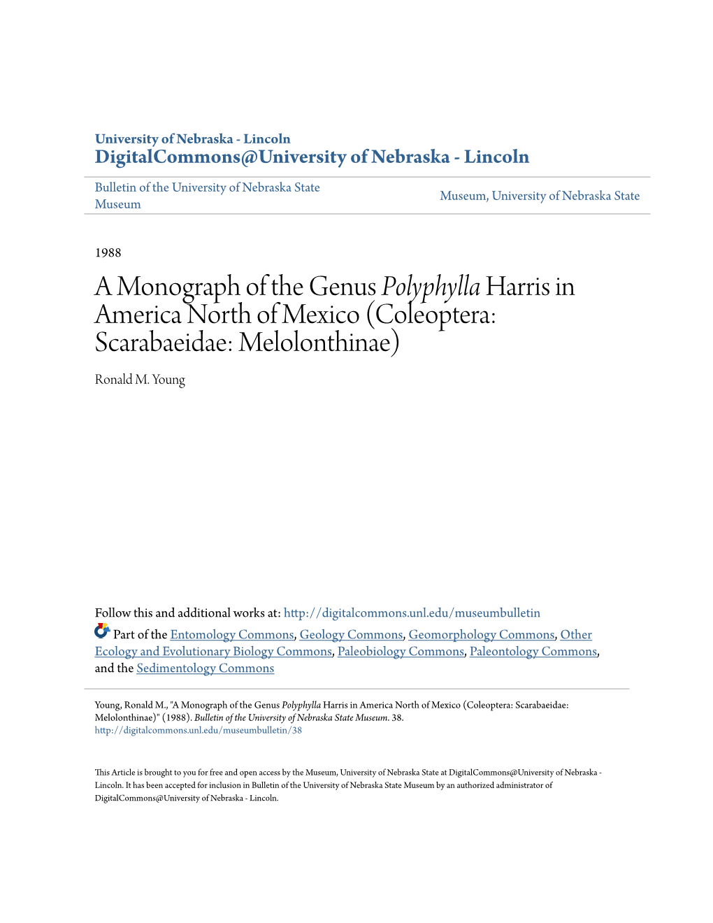 A Monograph of the Genus Polyphylla Harris in America North of Mexico (Coleoptera: Scarabaeidae: Melolonthinae) Ronald M