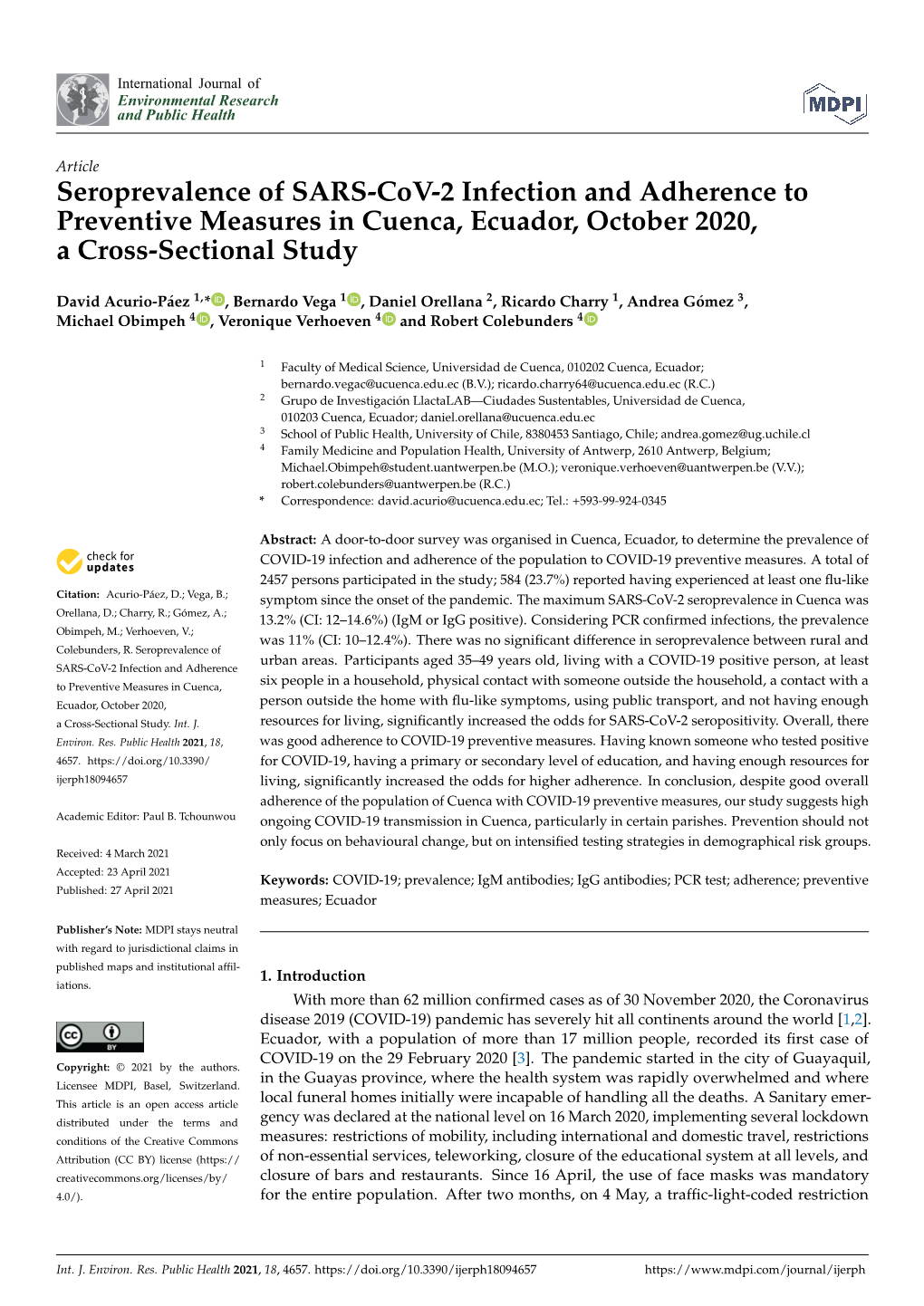 Seroprevalence of SARS-Cov-2 Infection and Adherence to Preventive Measures in Cuenca, Ecuador, October 2020, a Cross-Sectional Study