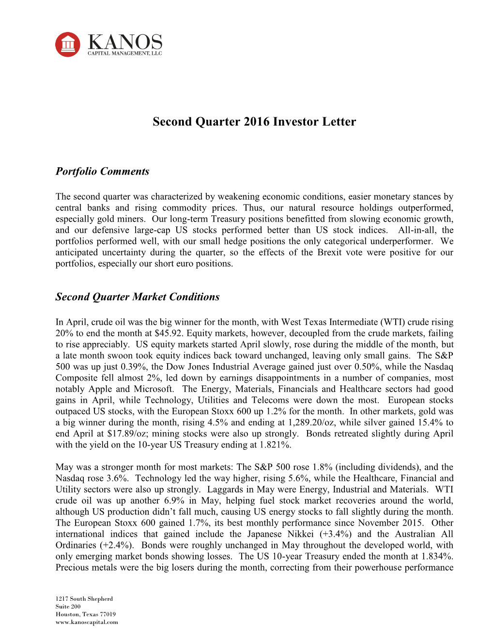 Second Quarter 2016 Investor Letter