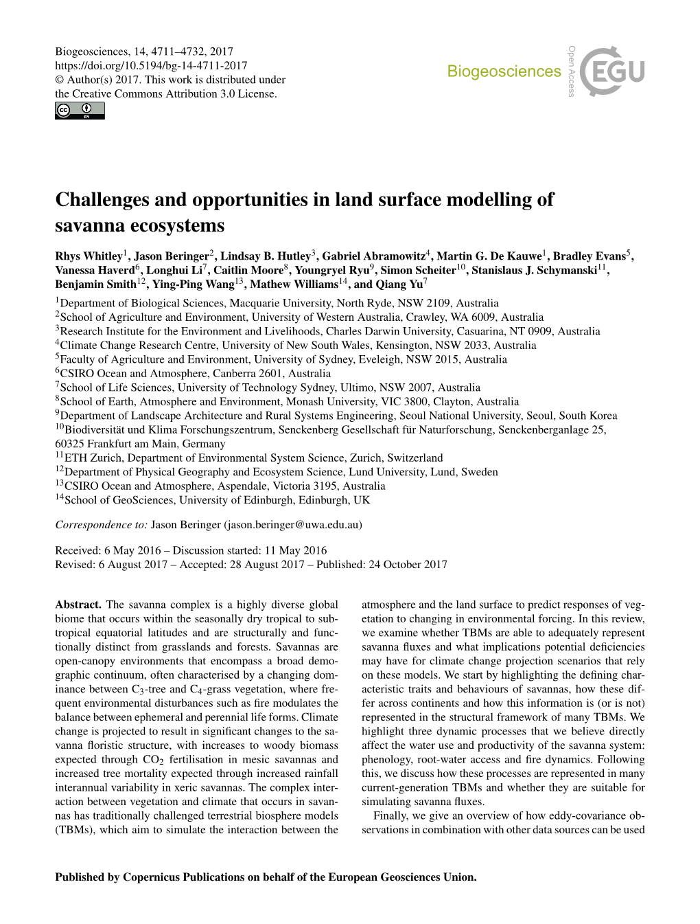 Challenges and Opportunities in Land Surface Modelling of Savanna Ecosystems