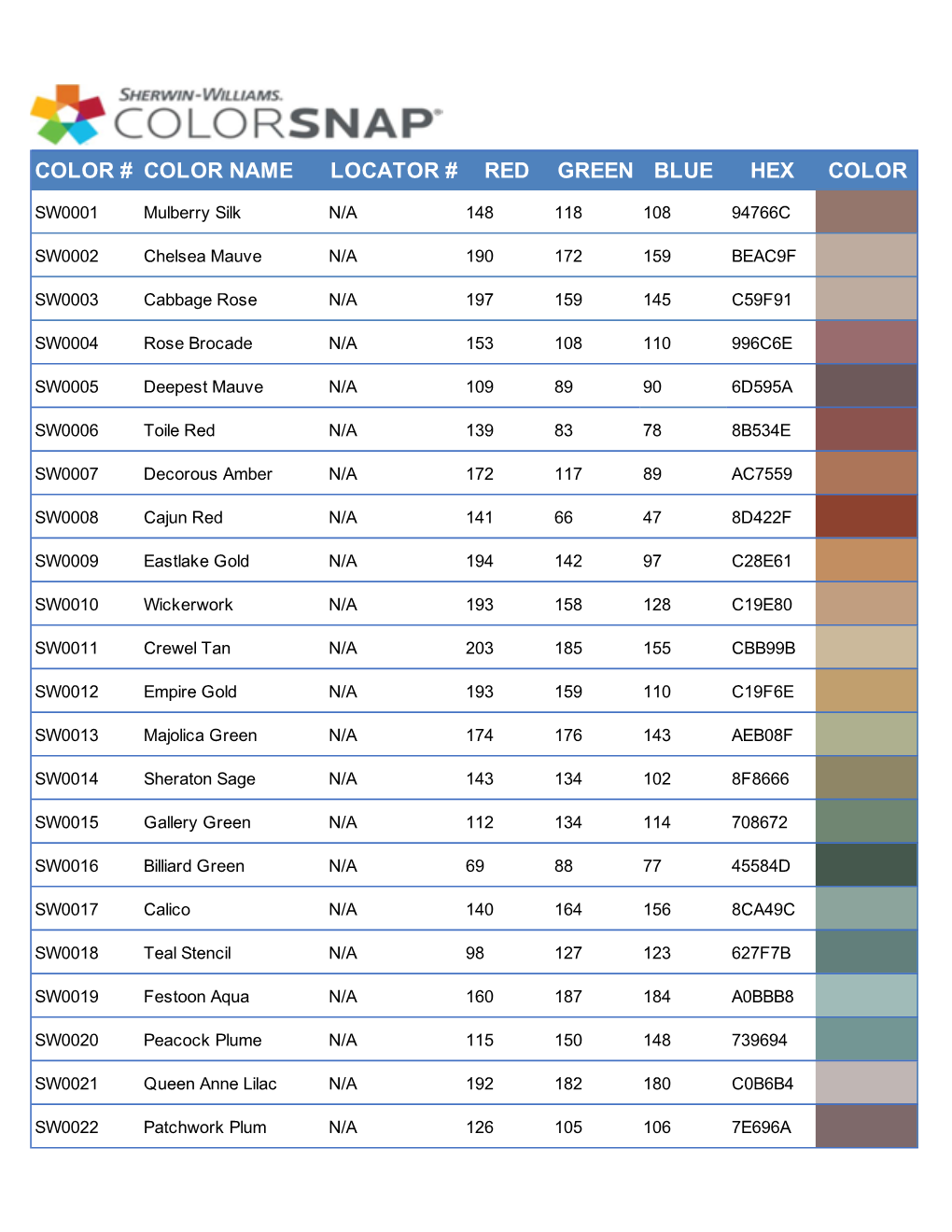 Color # Color Name Locator # Red Green Blue Hex Color