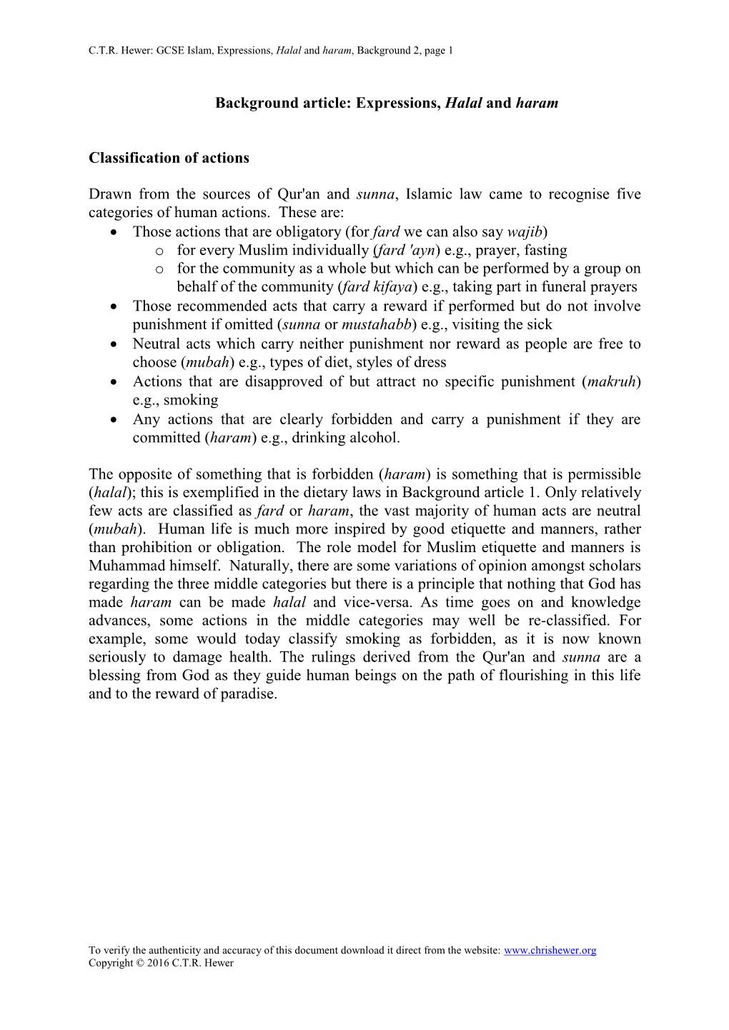 Expressions, Halal and Haram Classification of Actions