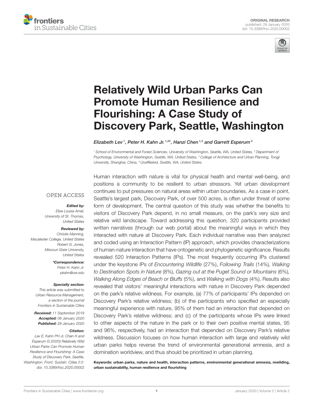 Relatively Wild Urban Parks Can Promote Human Resilience and Flourishing: a Case Study of Discovery Park, Seattle, Washington