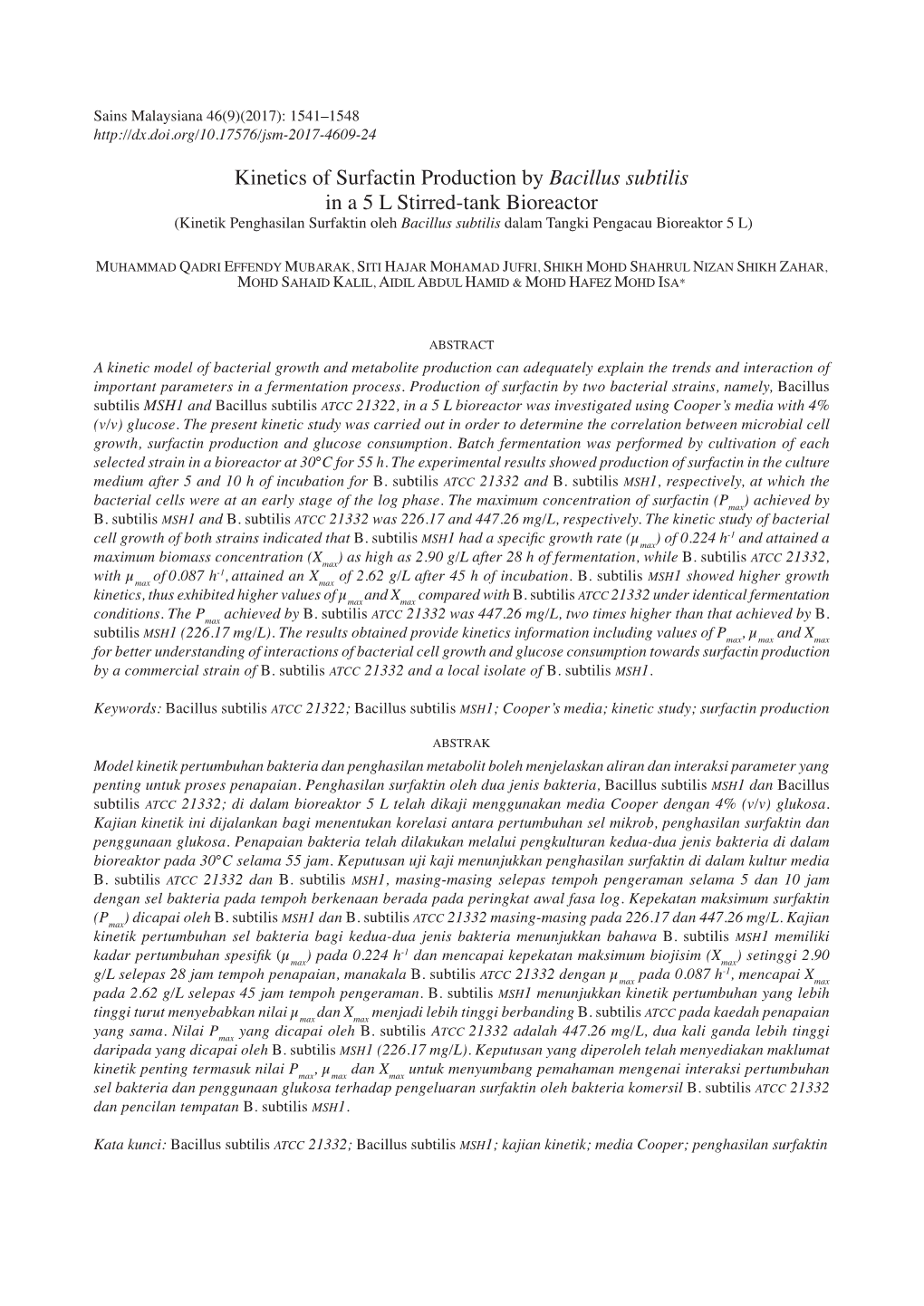 Kinetics of Surfactin Production by Bacillus Subtilis in a 5 L Stirred-Tank