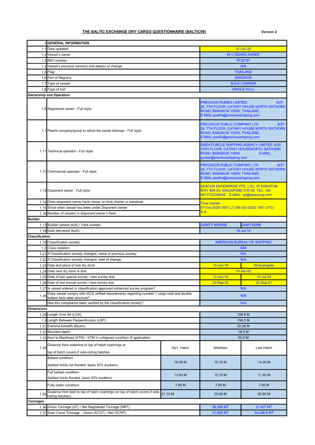 THE BALTIC EXCHANGE DRY CARGO QUESTIONNAIRE (BALTIC99) Version 2