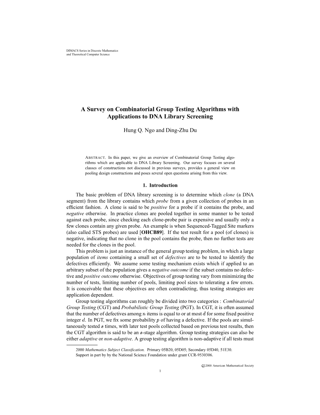 A Survey on Combinatorial Group Testing Algorithms with Applications to DNA Library Screening