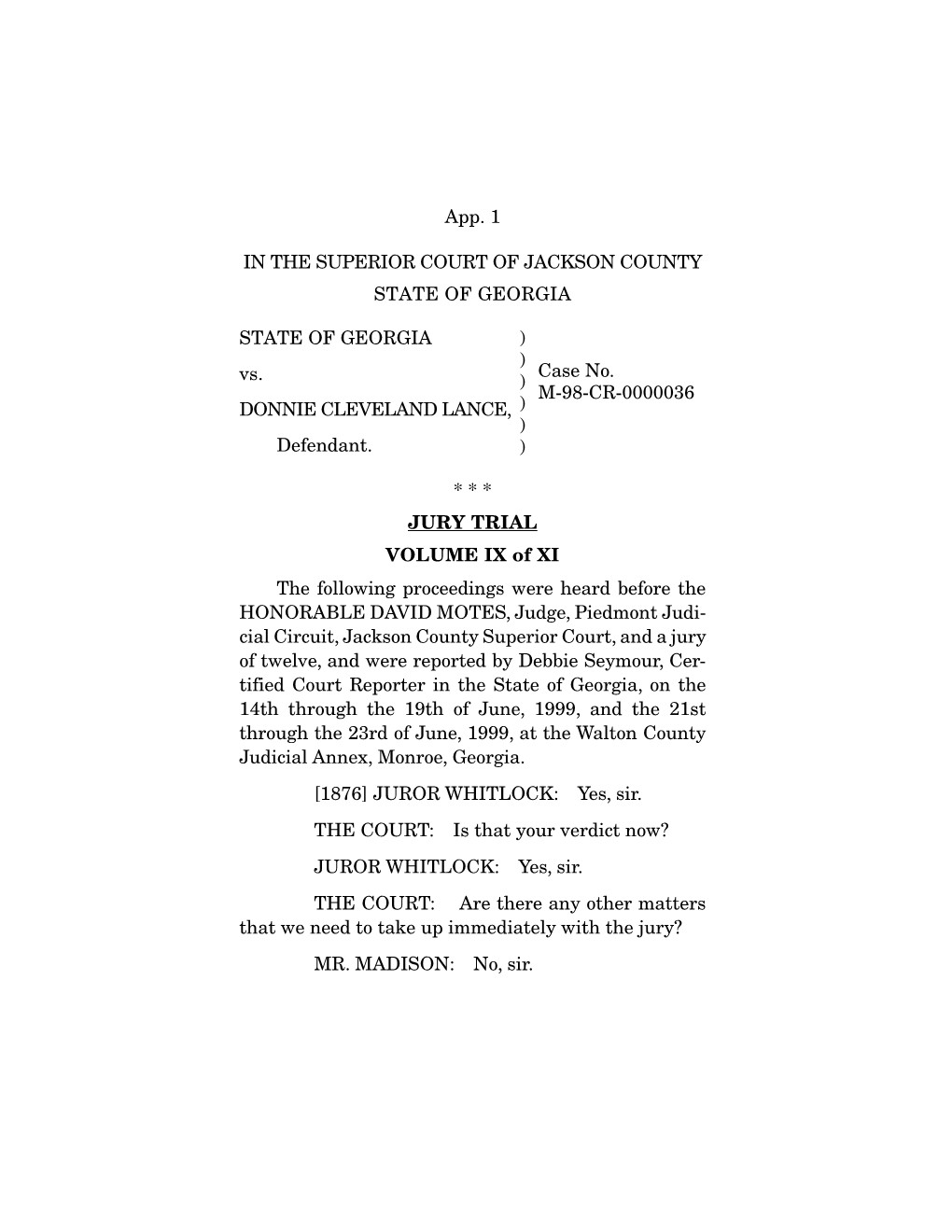 App. 1 in the SUPERIOR COURT of JACKSON COUNTY STATE of GEORGIA STATE of GEORGIA Vs. DONNIE CLEVELAND LANCE, Defendant. ) )