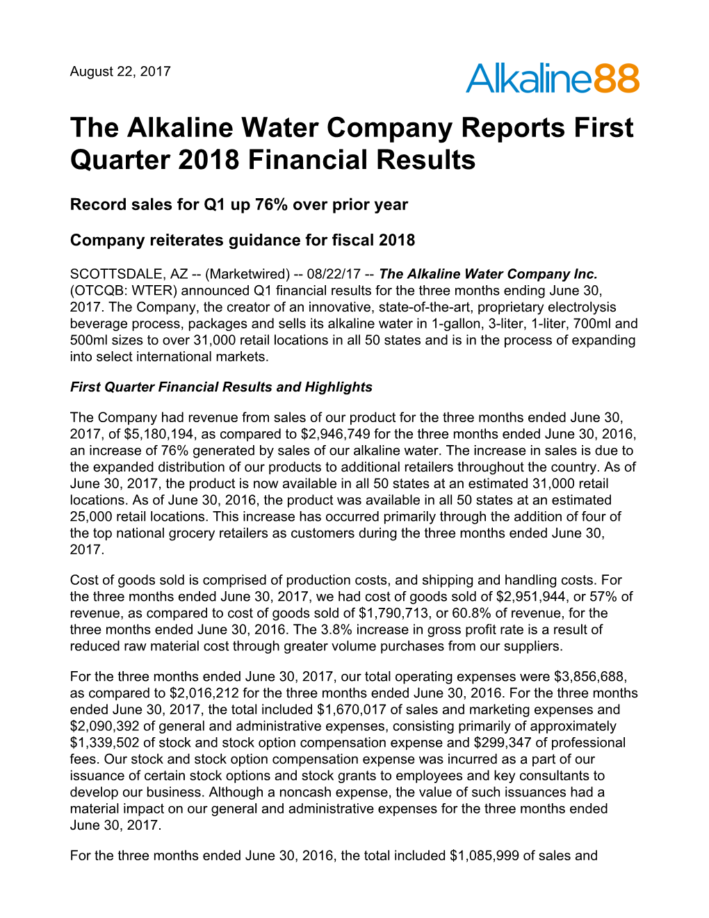 The Alkaline Water Company Reports First Quarter 2018 Financial Results