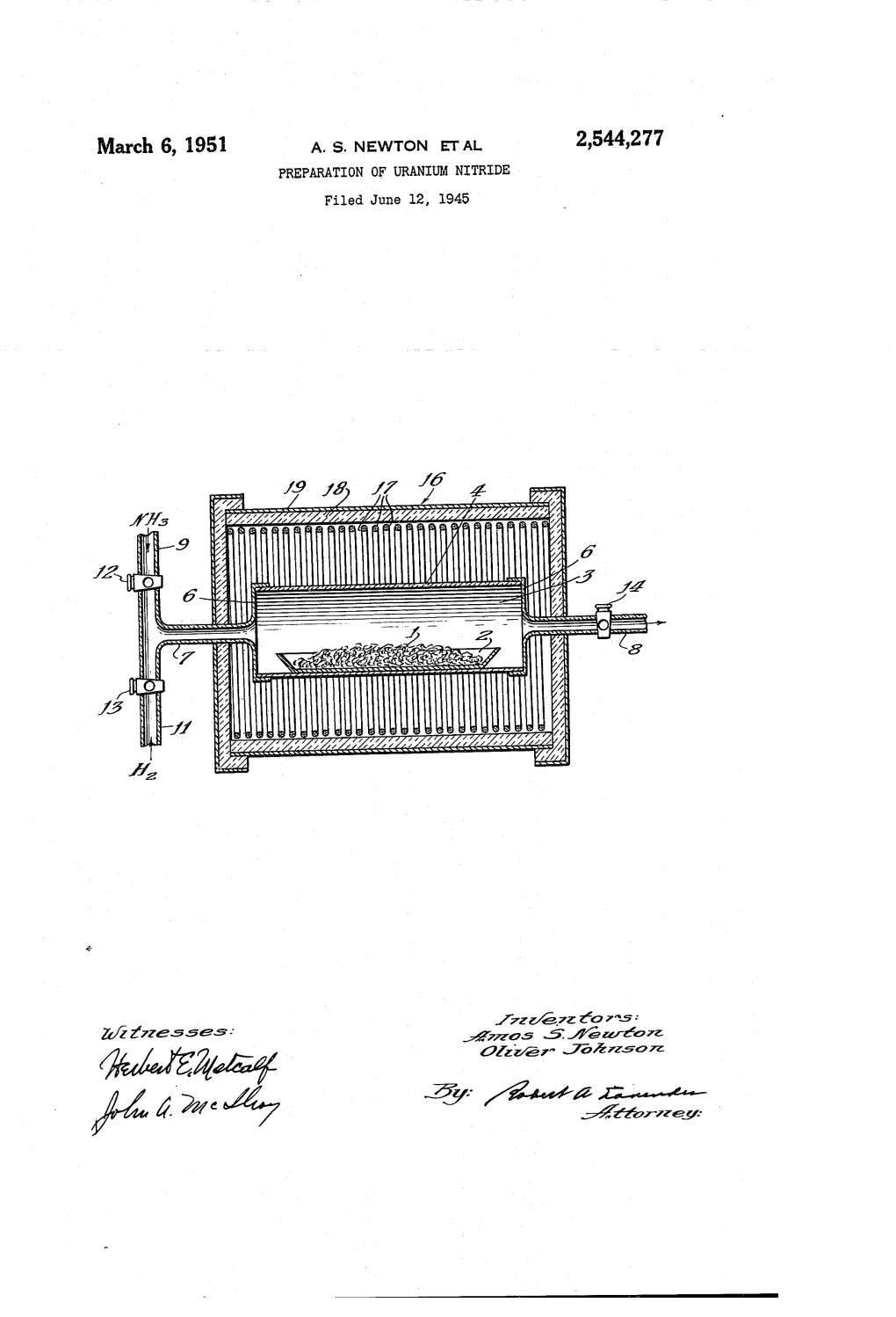 March 6, 1951 a 5, NEWTQN Eral 2,544,277 PREPARATION of URANIUM NITRIDE Filed June L2, 1945 Patented Mar