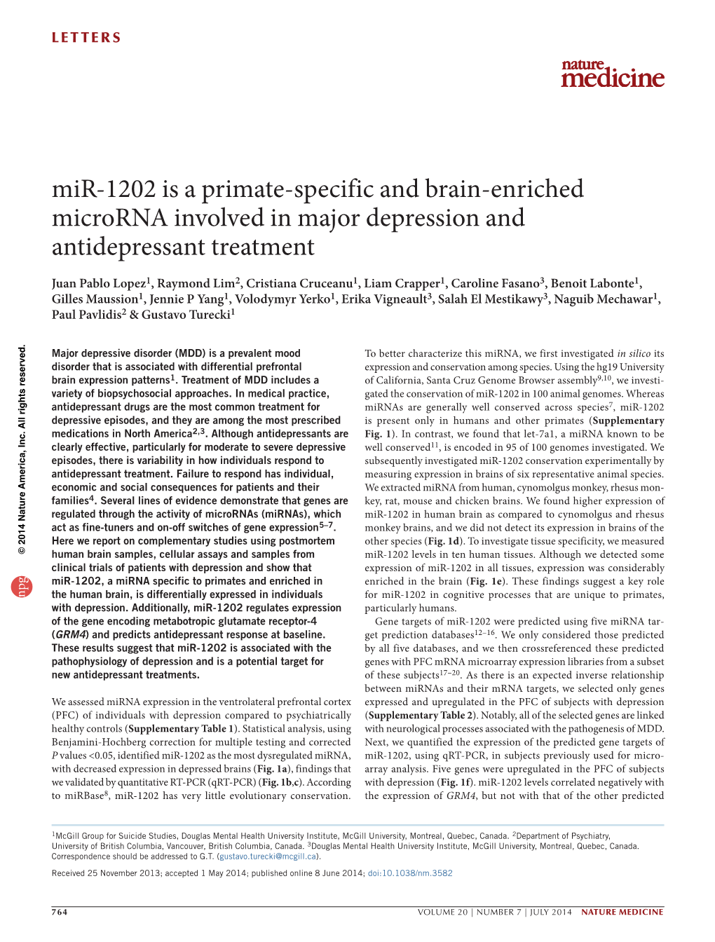 Mir-1202 Is a Primate-Specific and Brain-Enriched Microrna Involved in Major Depression and Antidepressant Treatment