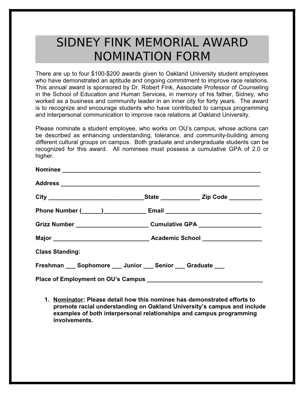 Sidney Fink Memorial Award Nomination Form