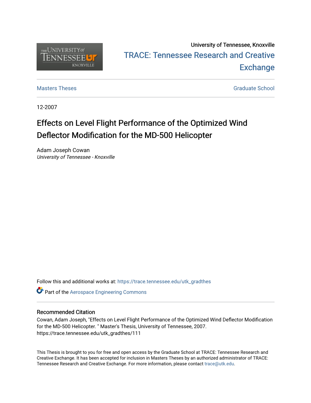 Effects on Level Flight Performance of the Optimized Wind Deflector Modification for the MD-500 Helicopter