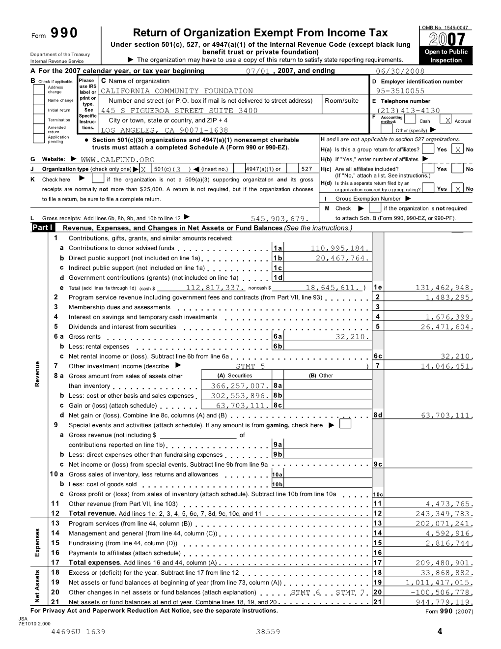 CALIFORNIA COMMUNITY FOUNDATION 95-3510055 Print Or Name Change Number and Street (Or P.O