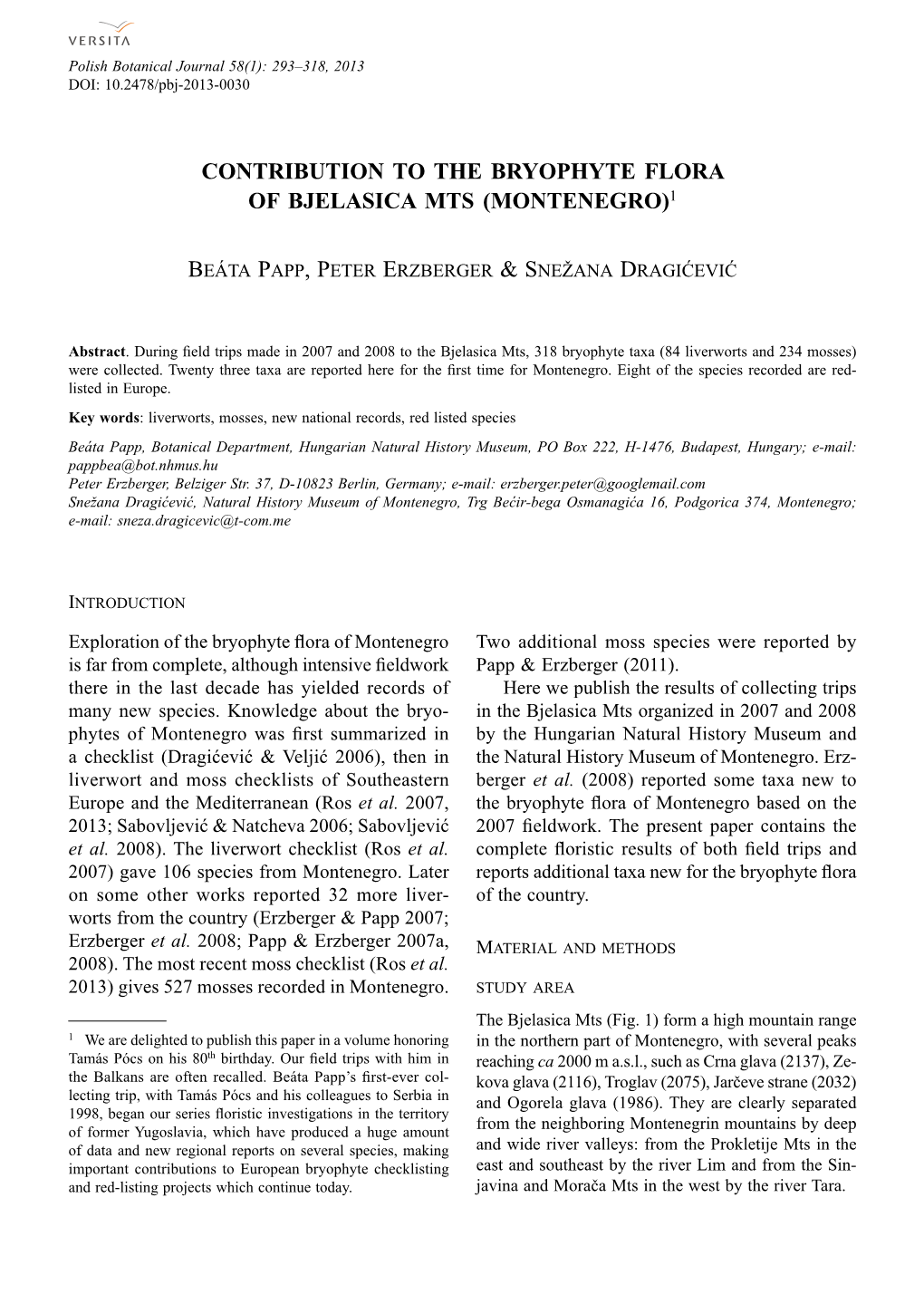 Contribution to the Bryophyte Flora of Bjelasica Mts (Montenegro)1