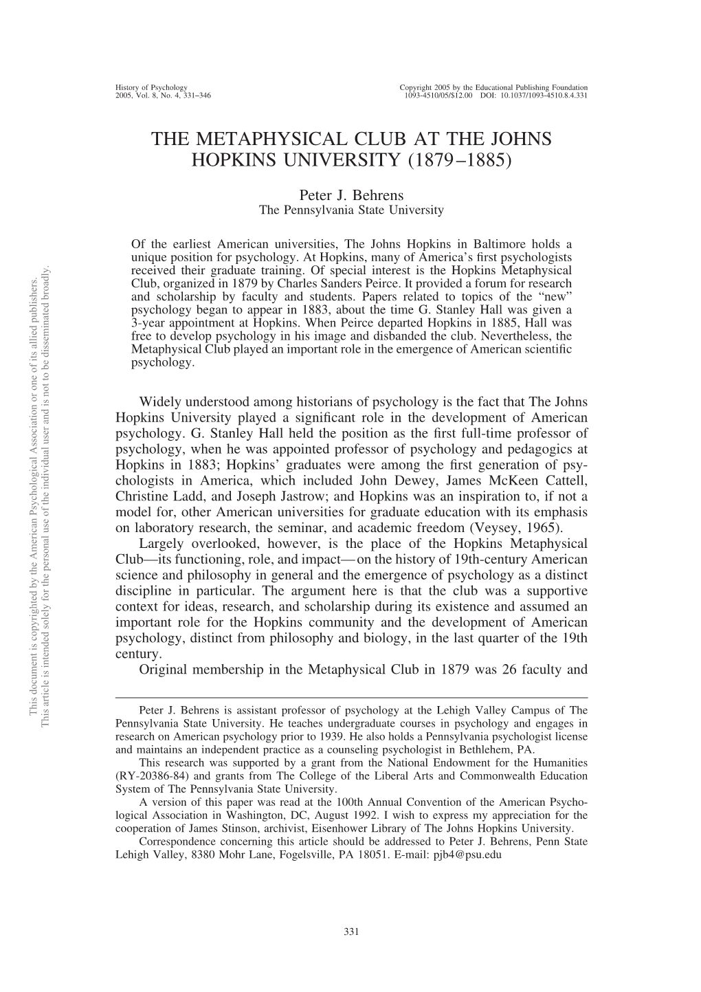 The Metaphysical Club at the Johns Hopkins University (1879–1885)