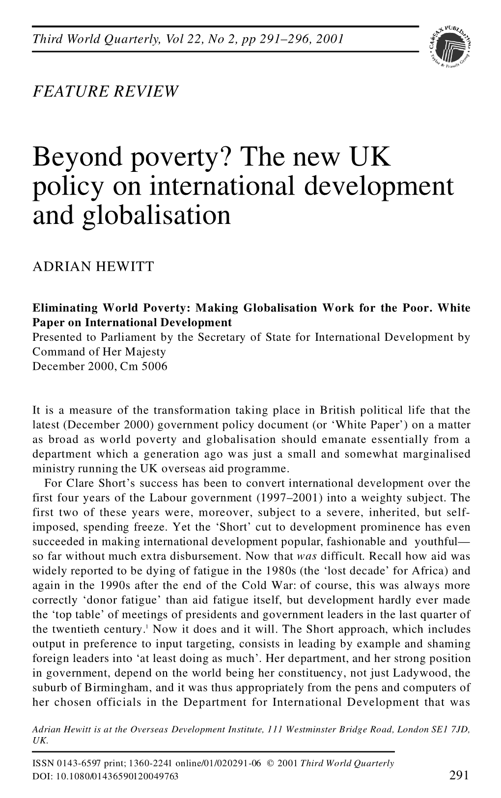 Beyond Poverty? the New UK Policy on International Development and Globalisation