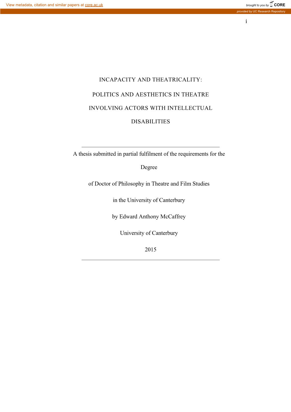 E.A. Mccaffrey. Ph D Thesis. Incapacity and Theatricality Copy Including