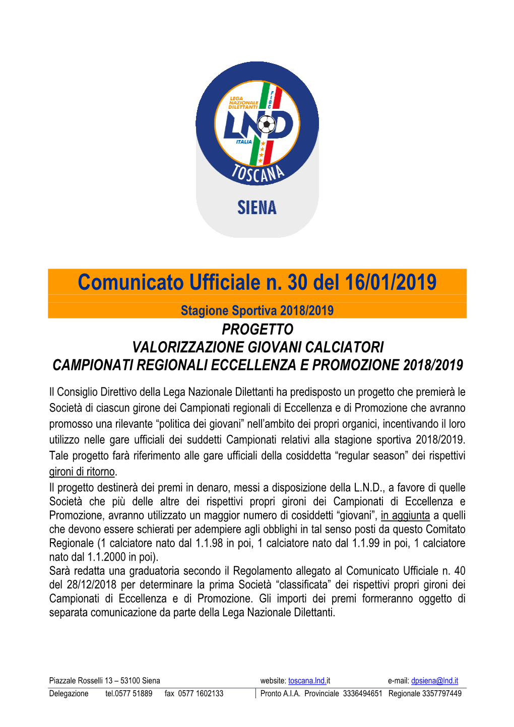 Comunicato Ufficiale N. 30 Del 16/01/2019