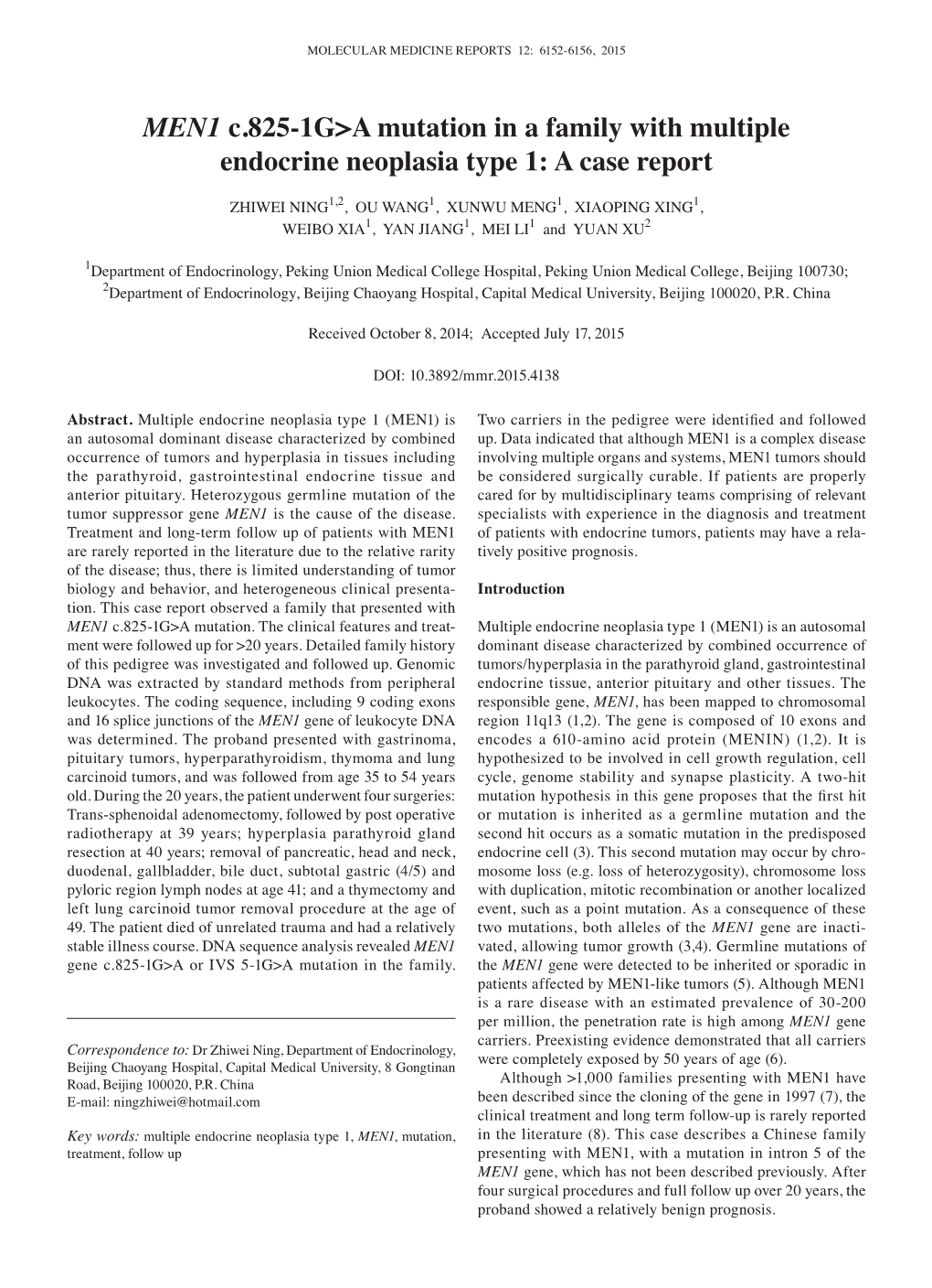 MEN1 C.825‑1G&gt;A Mutation in a Family