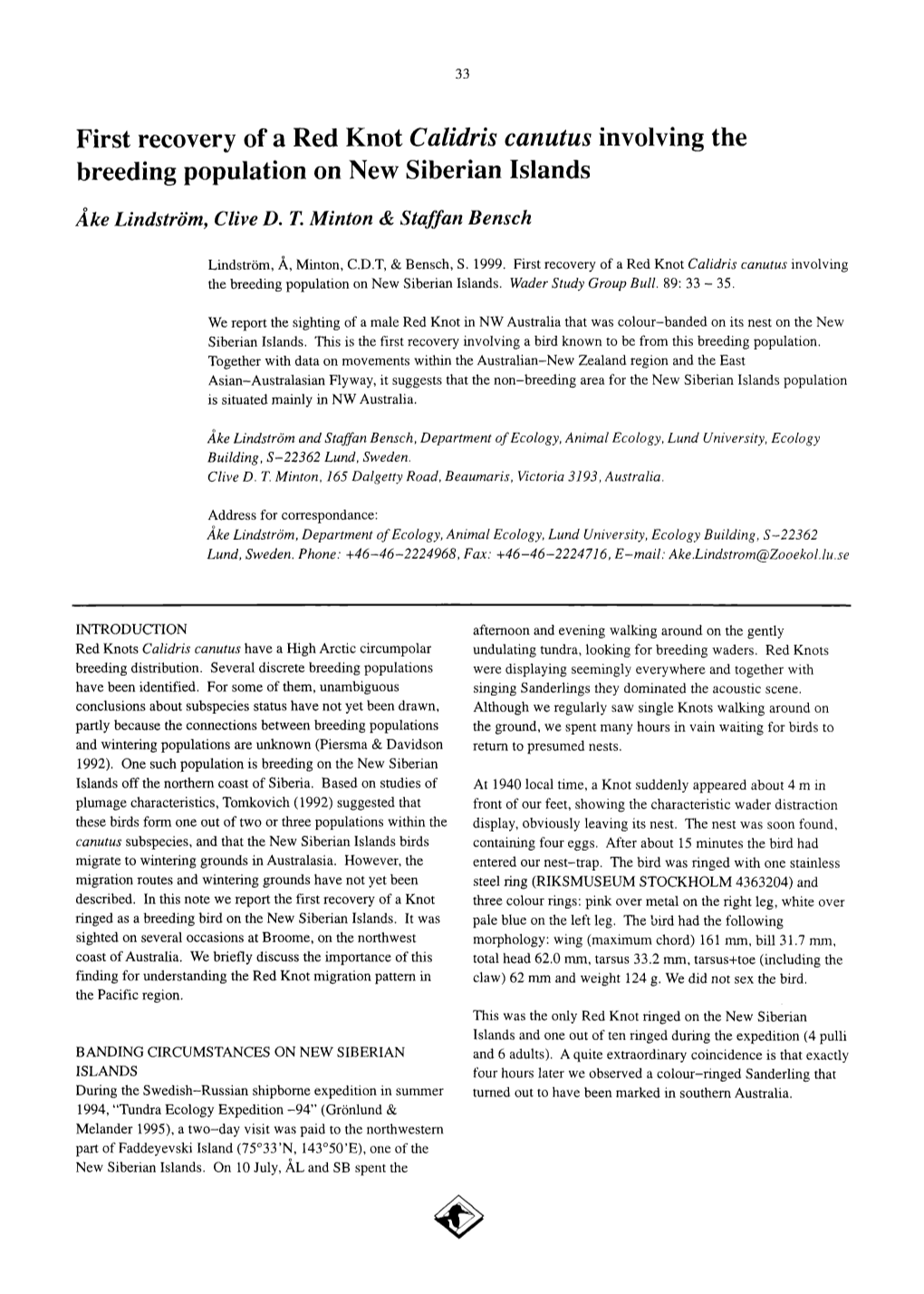 First Recovery of a Red Knot <I>Calidris Canutus</I> Involving