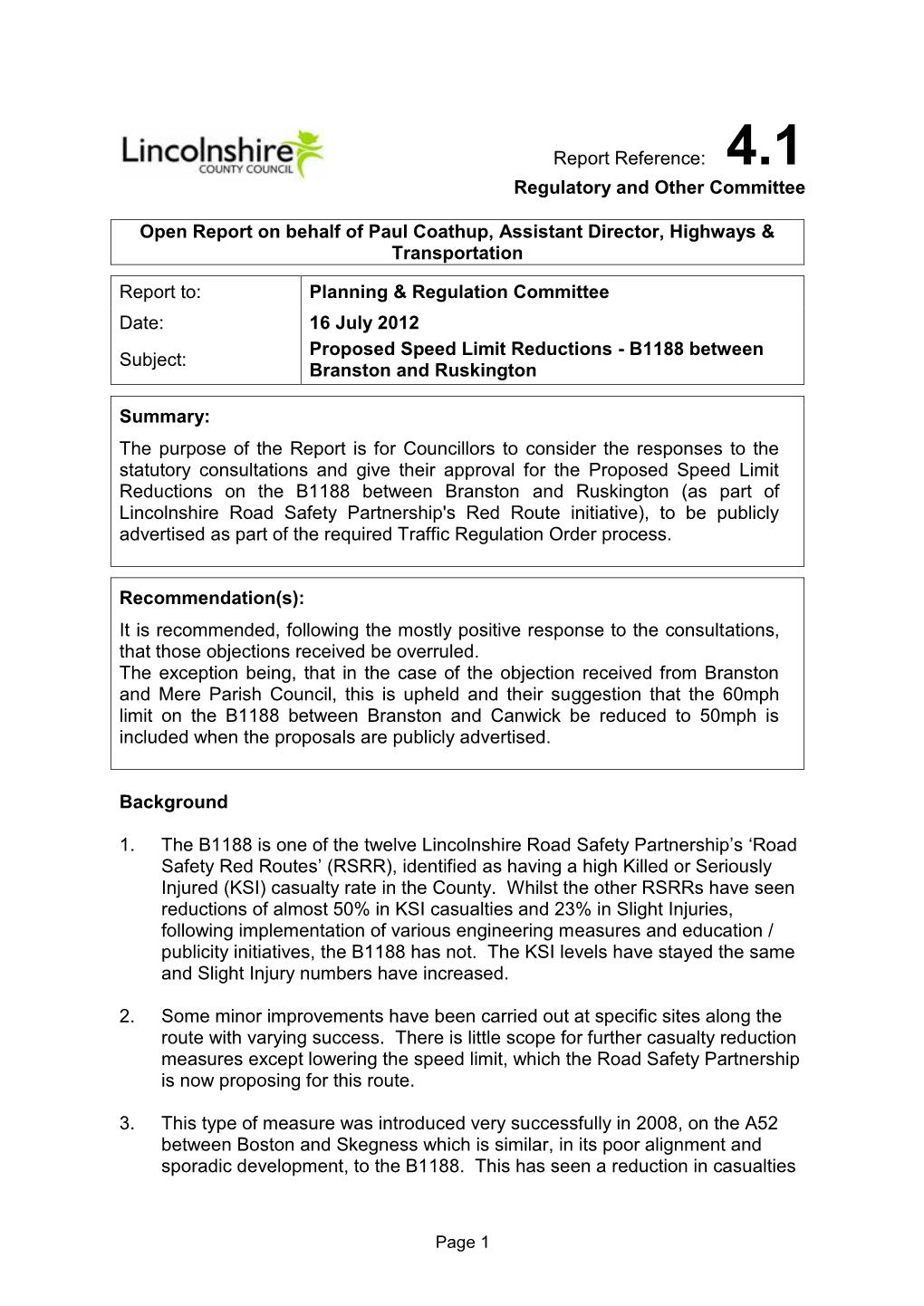 Report Reference: 4.1 Regulatory and Other Committee