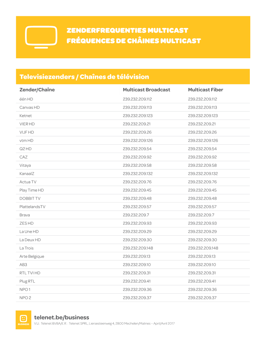 Zenderfrequenties Multicast Fréquences De Châines Multicast