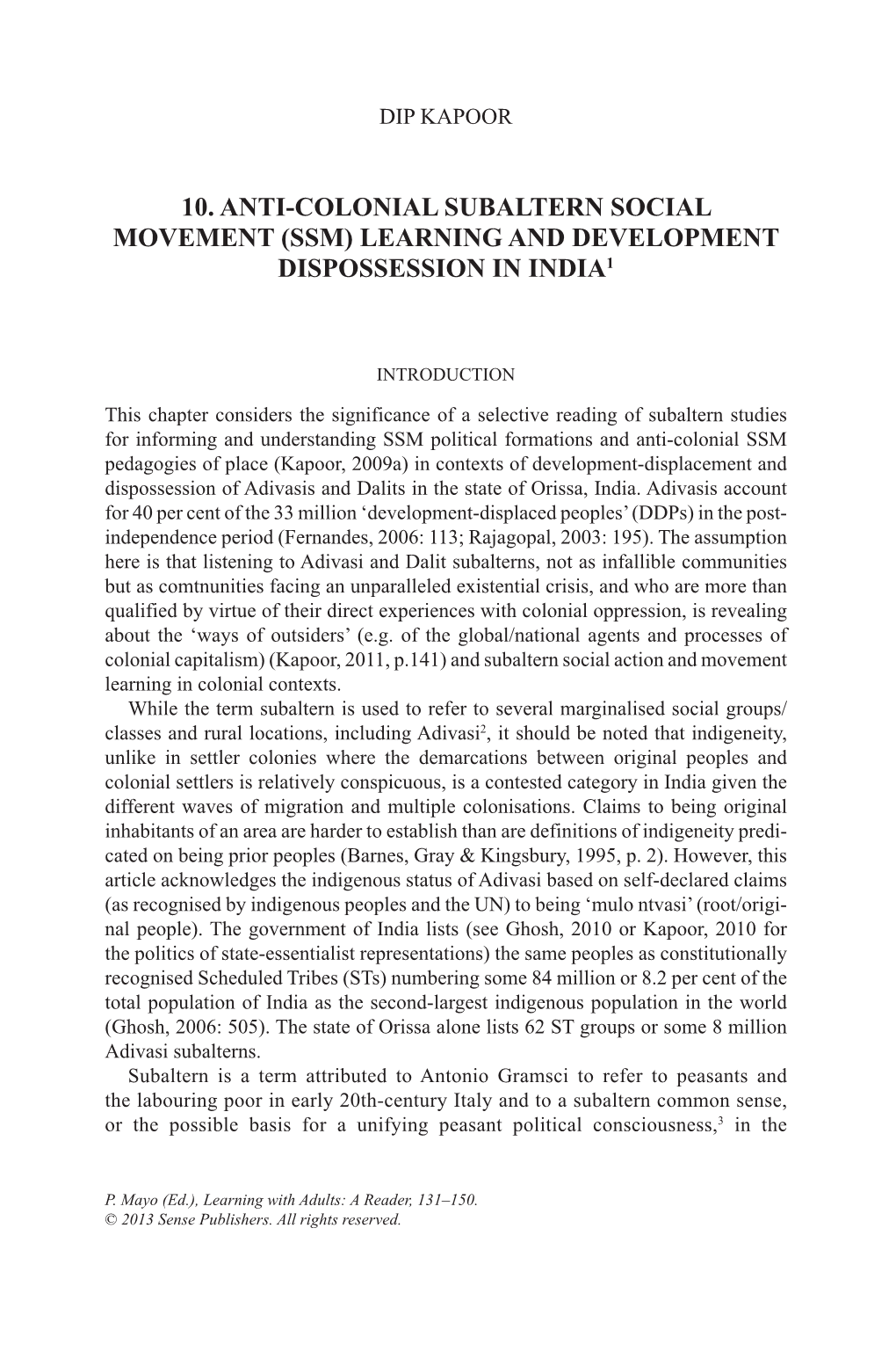 10. Anti-Colonial Subaltern Social Movement (Ssm) Learning and Development Dispossession in India1