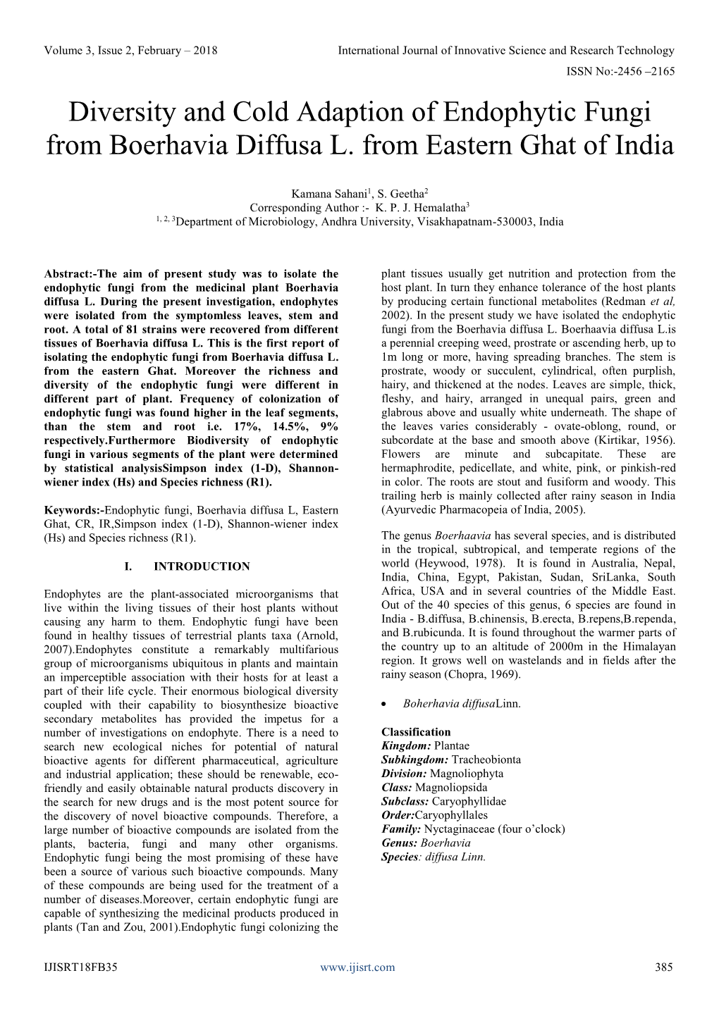 Diversity and Cold Adaption of Endophytic Fungi from Boerhavia Diffusa L. from Eastern Ghat of India