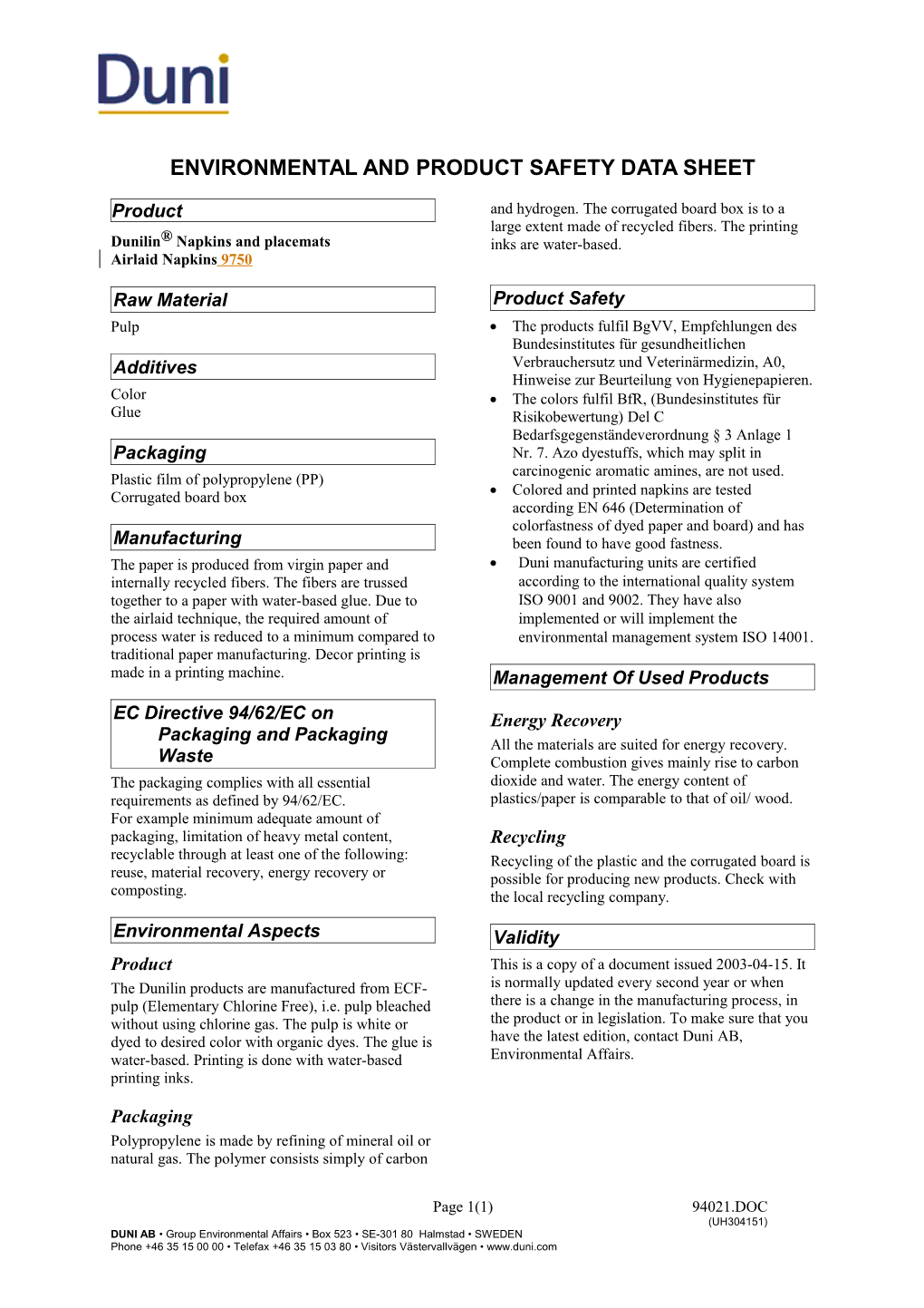 Environmental and Product Safety Data Sheet