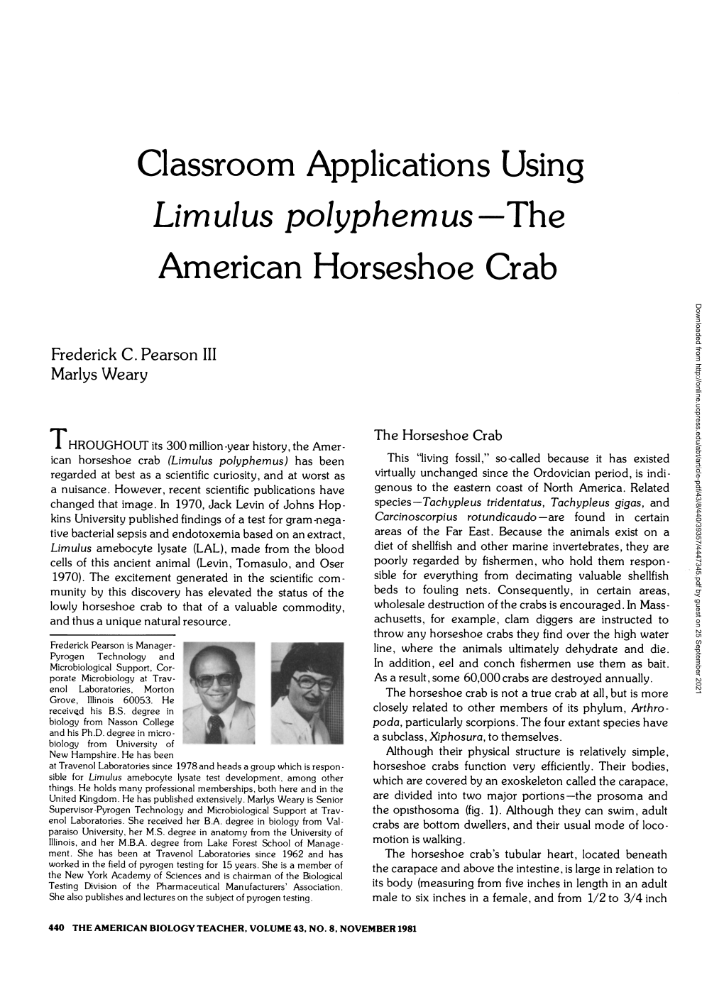 Classroom Applications Using Limulus Polyphemus: the American Horseshoe Crab