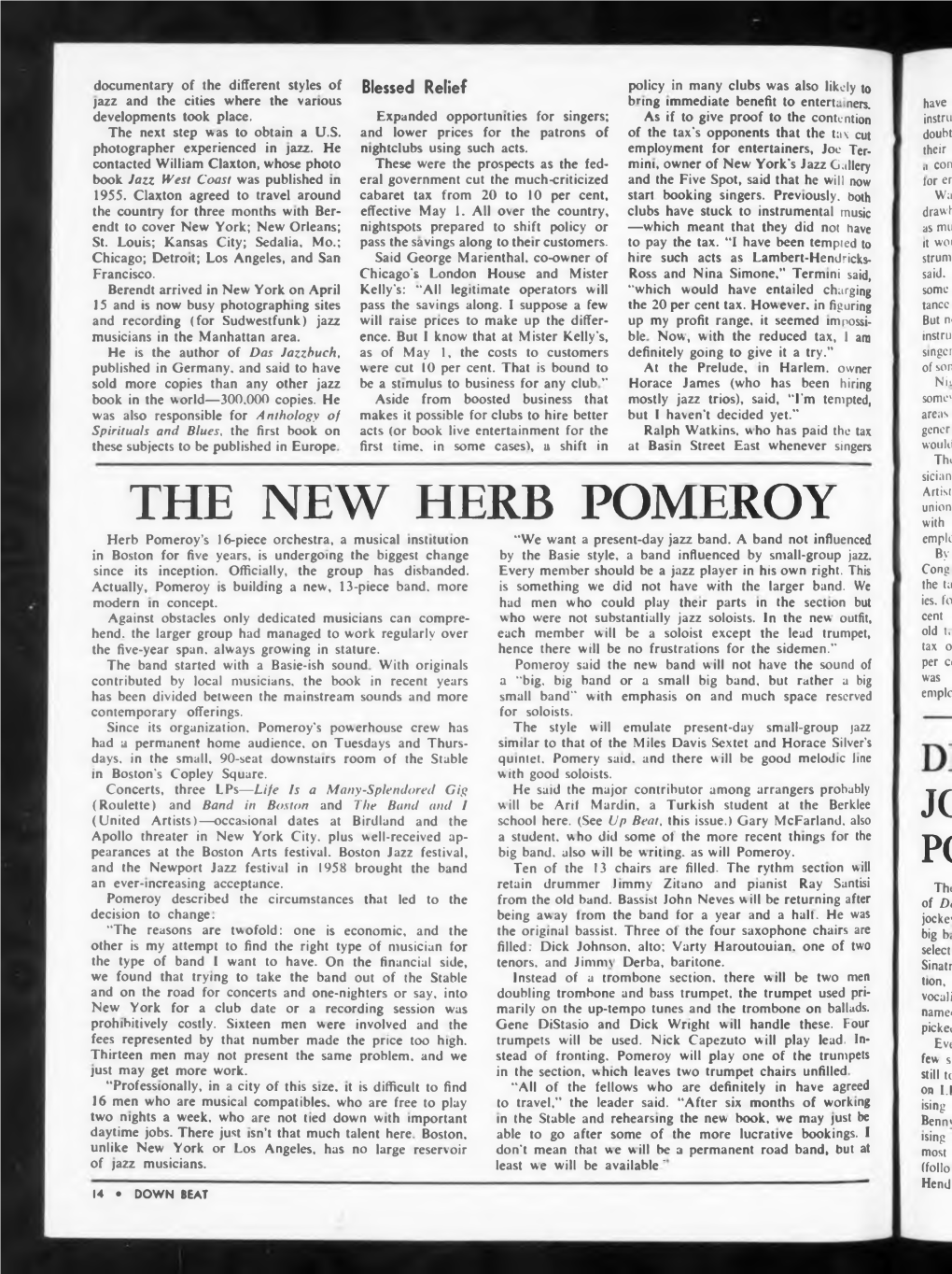 THE NEW HERB POMEROY Union with Herb Pomeroy’S 16-Piece Orchestra, a Musical Institution “We Want a Present-Day Jazz Band