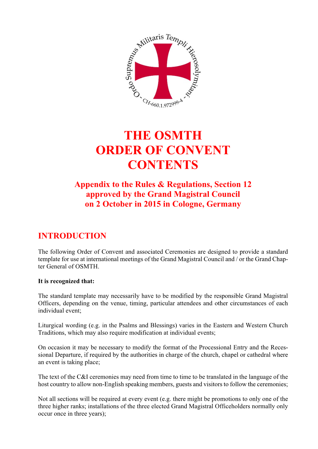 The Osmth Order of Convent Contents