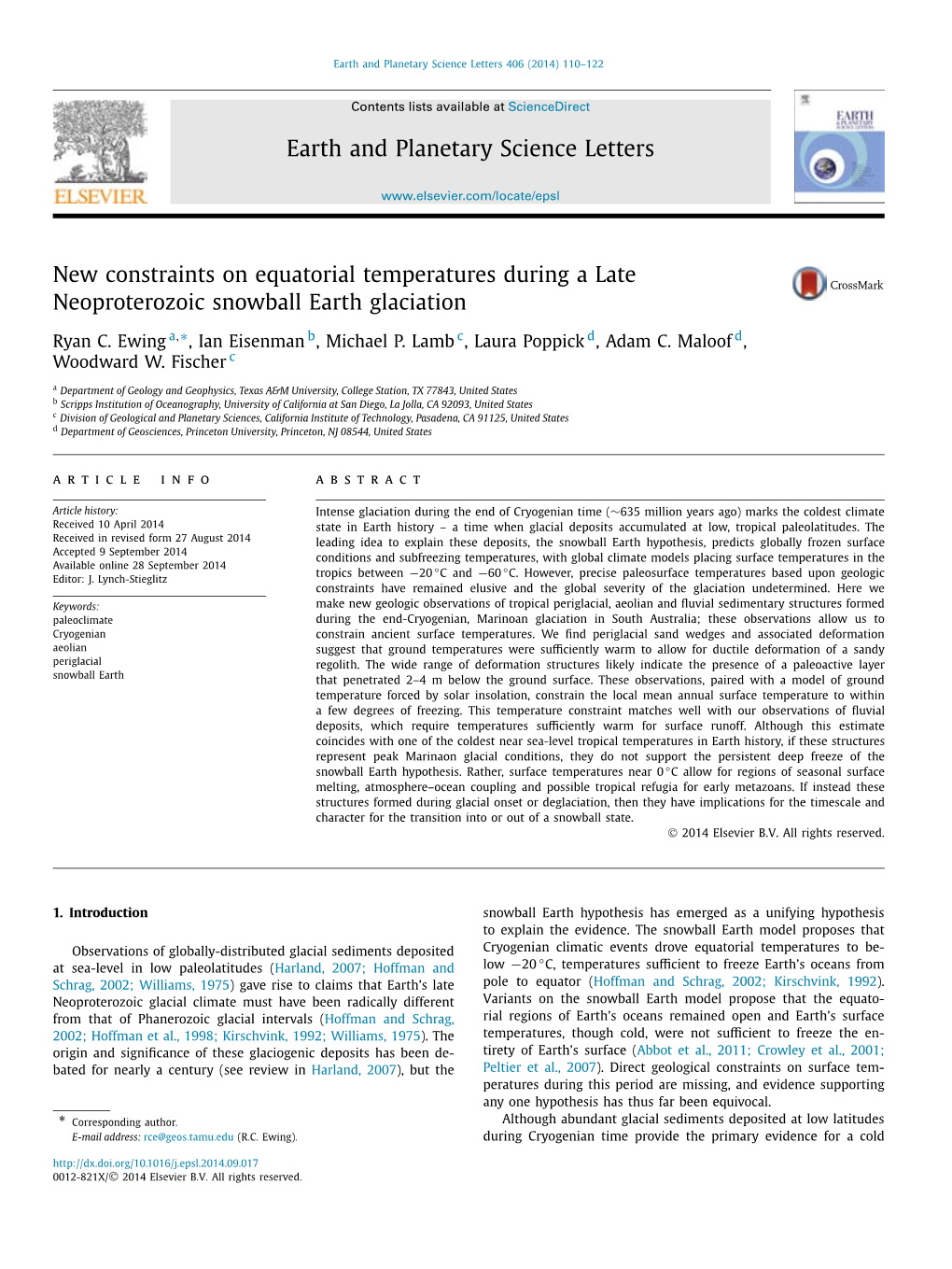 New Constraints on Equatorial Temperatures During a Late Neoproterozoic Snowball Earth Glaciation ∗ Ryan C