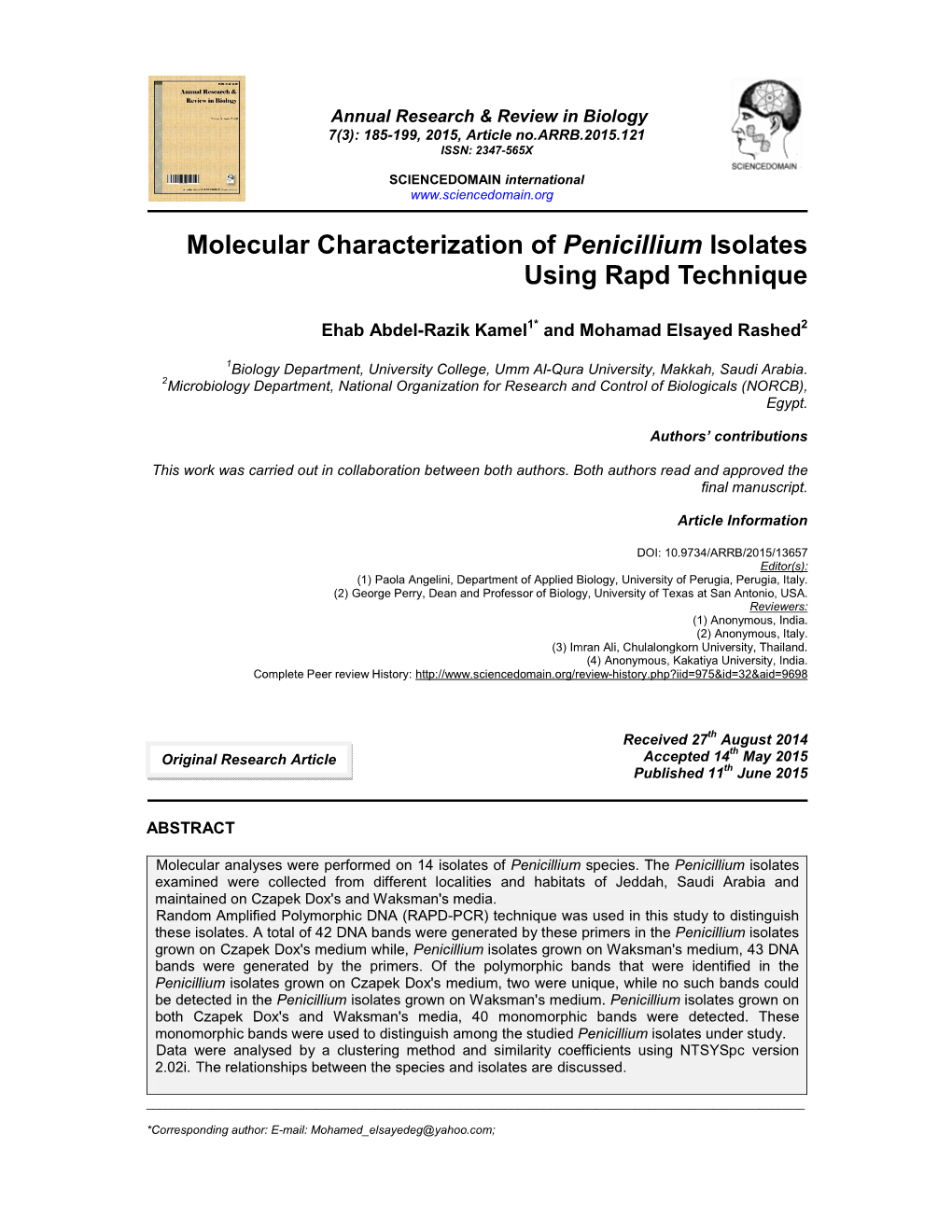 Molecular Characterization of Penicillium Isolates Using Rapd Technique