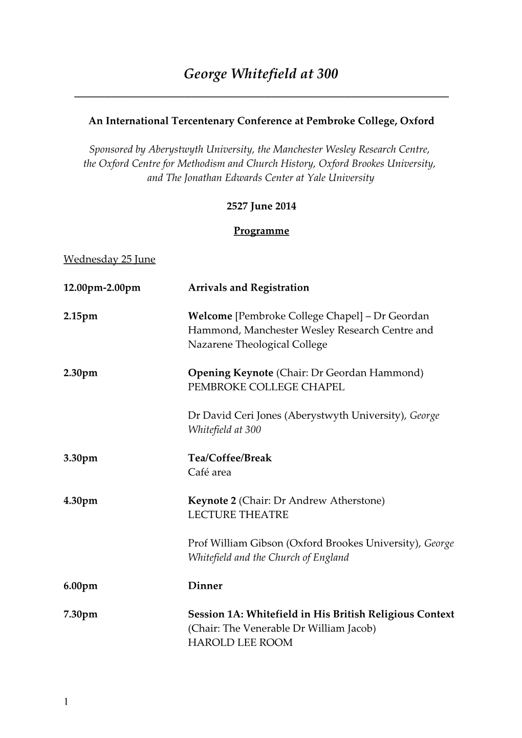 An International Tercentenary Conference at Pembroke College, Oxford