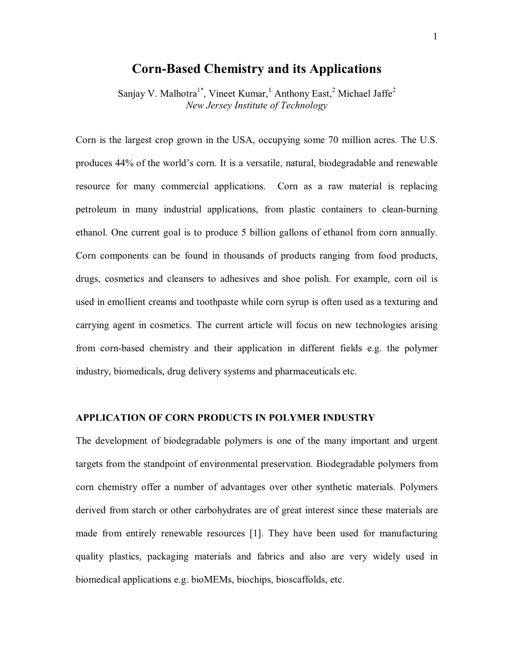 Corn-Based Chemistry (Paper)