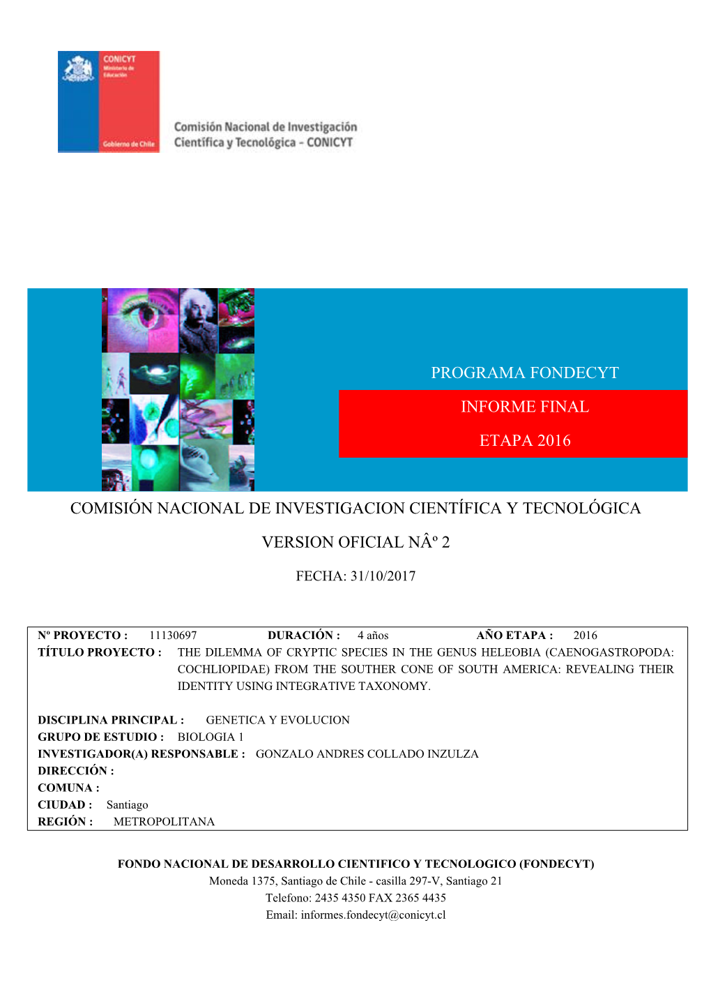 Programa Fondecyt Informe Final Etapa 2016 Comisión
