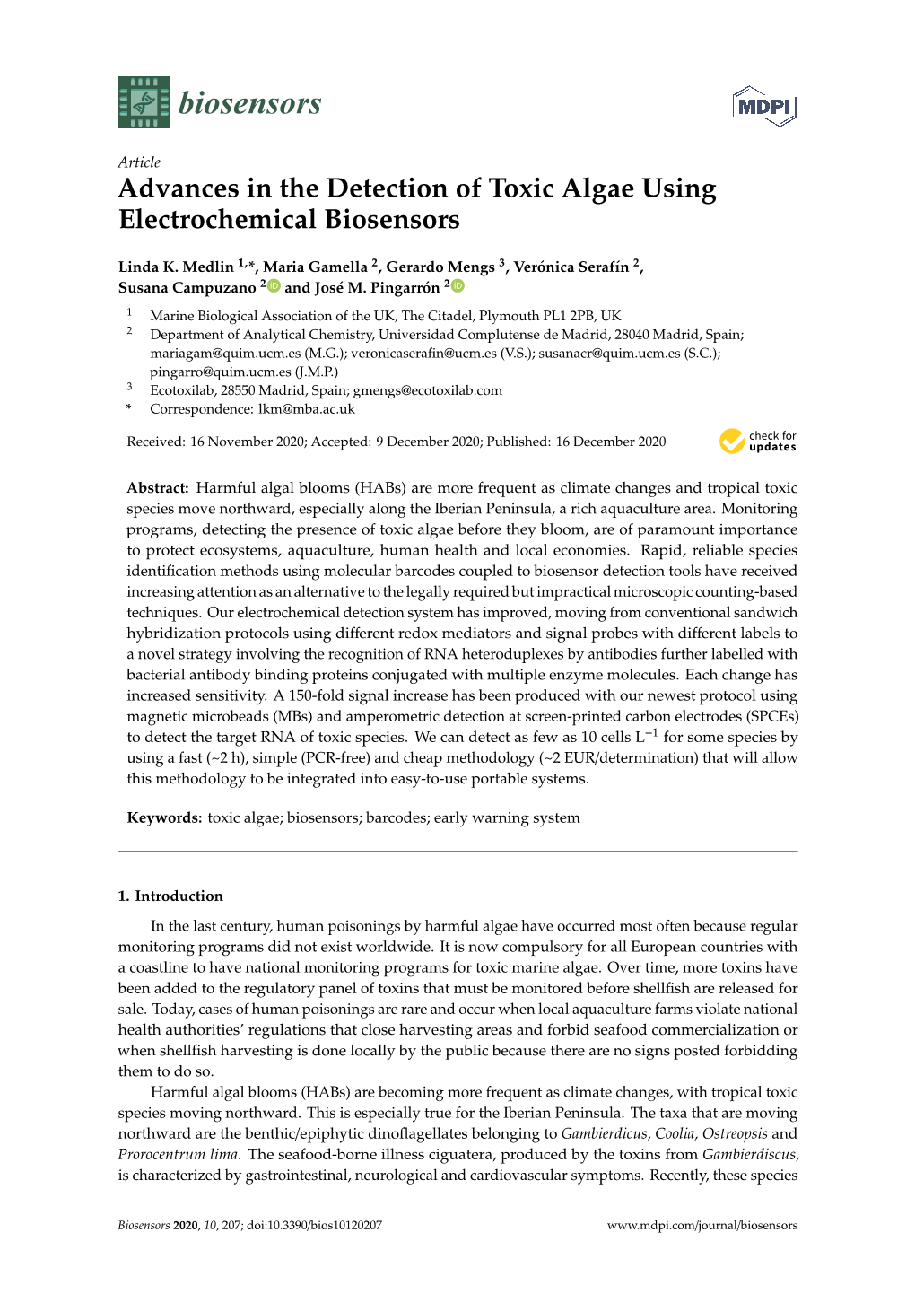 Advances in the Detection of Toxic Algae Using Electrochemical Biosensors