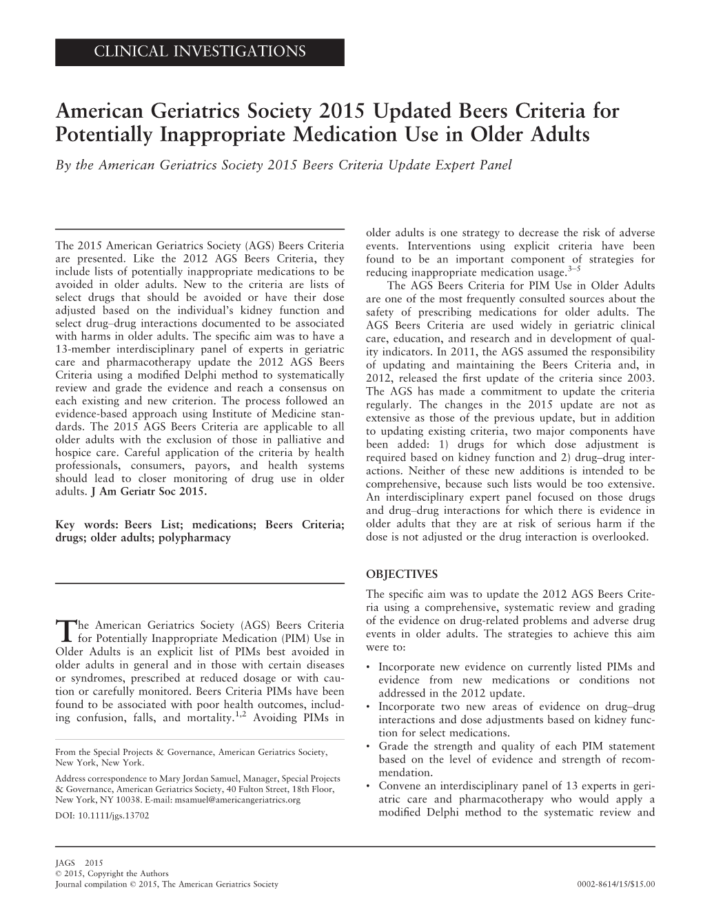 American Geriatrics Society 2015 Updated Beers Criteria For