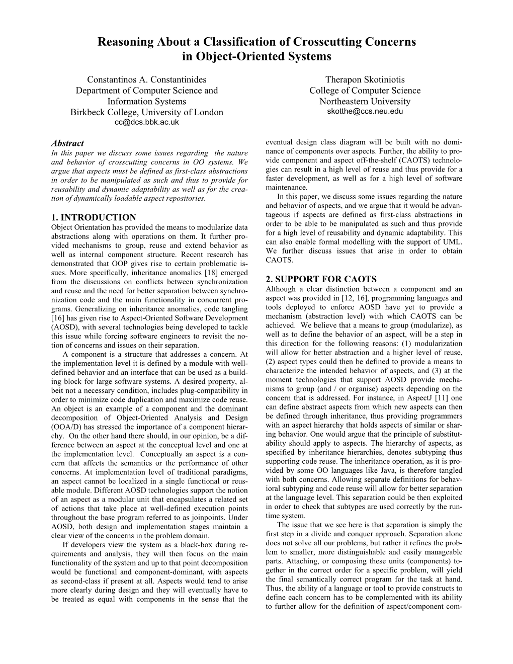 Reasoning About a Classification of Crosscutting Concerns in Object-Oriented Systems