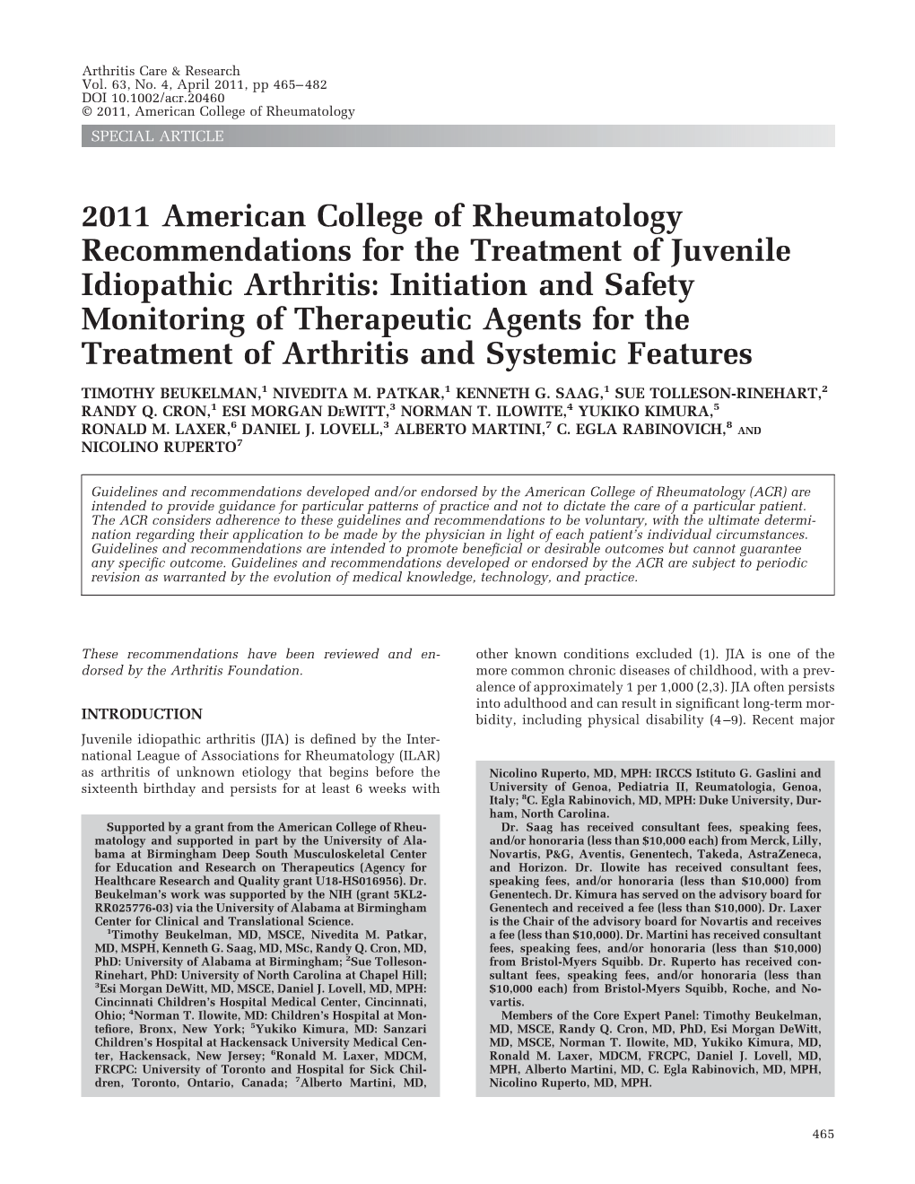 2011 ACR Recommendations for the Treatment of Juvenile Idiopathic