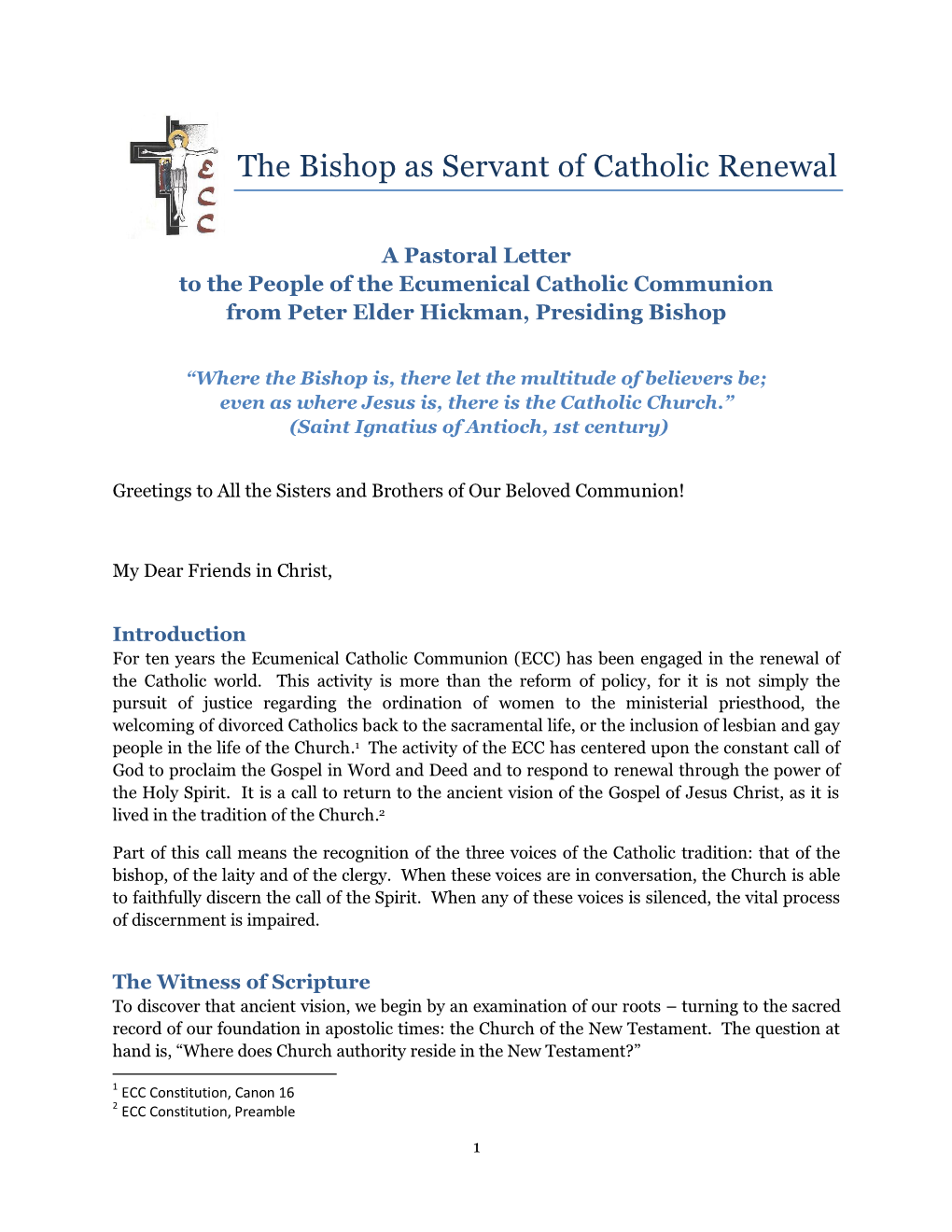 The Bishop As Servant of Catholic Renewal