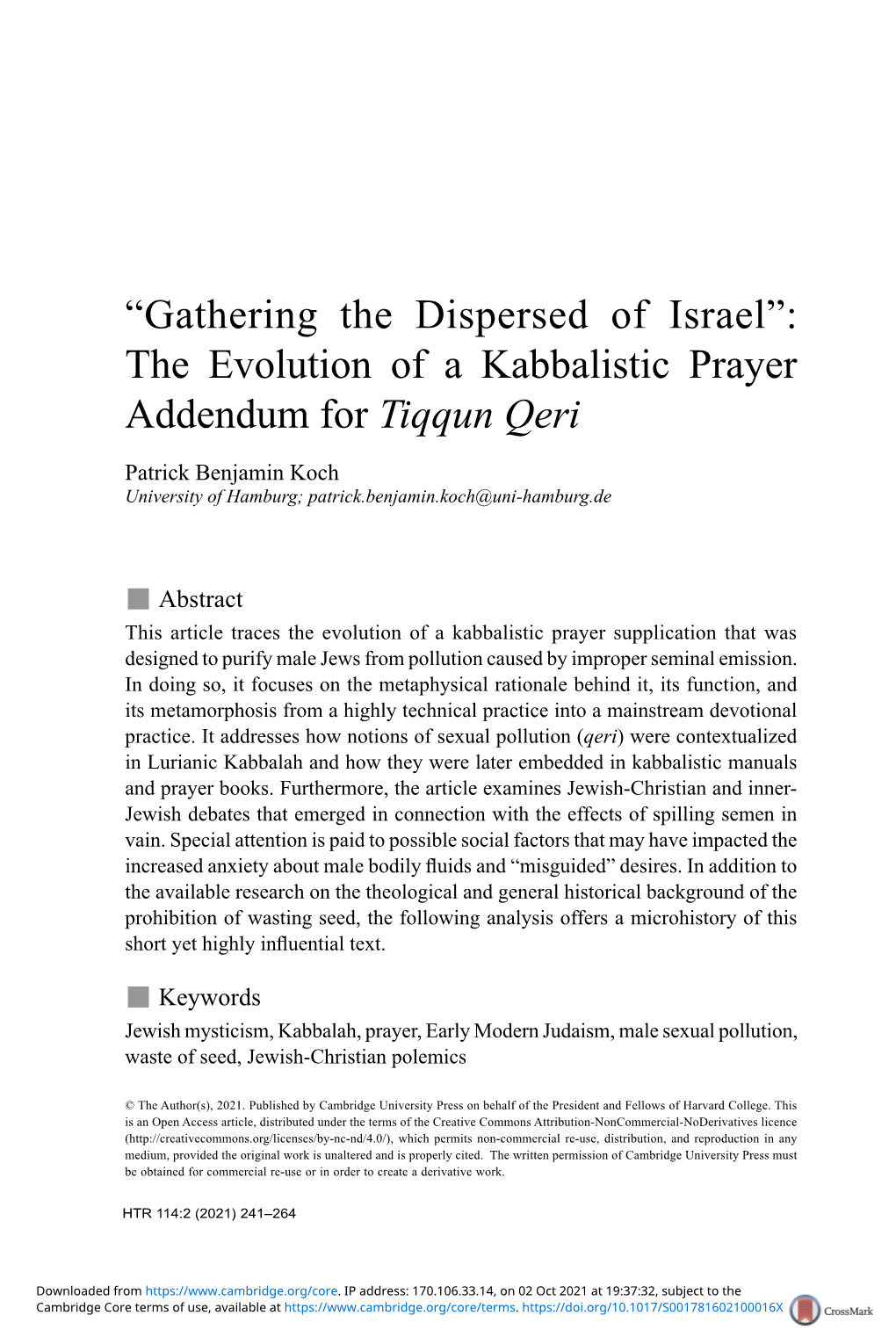 “Gathering the Dispersed of Israel”: the Evolution of a Kabbalistic Prayer Addendum for Tiqqun Qeri