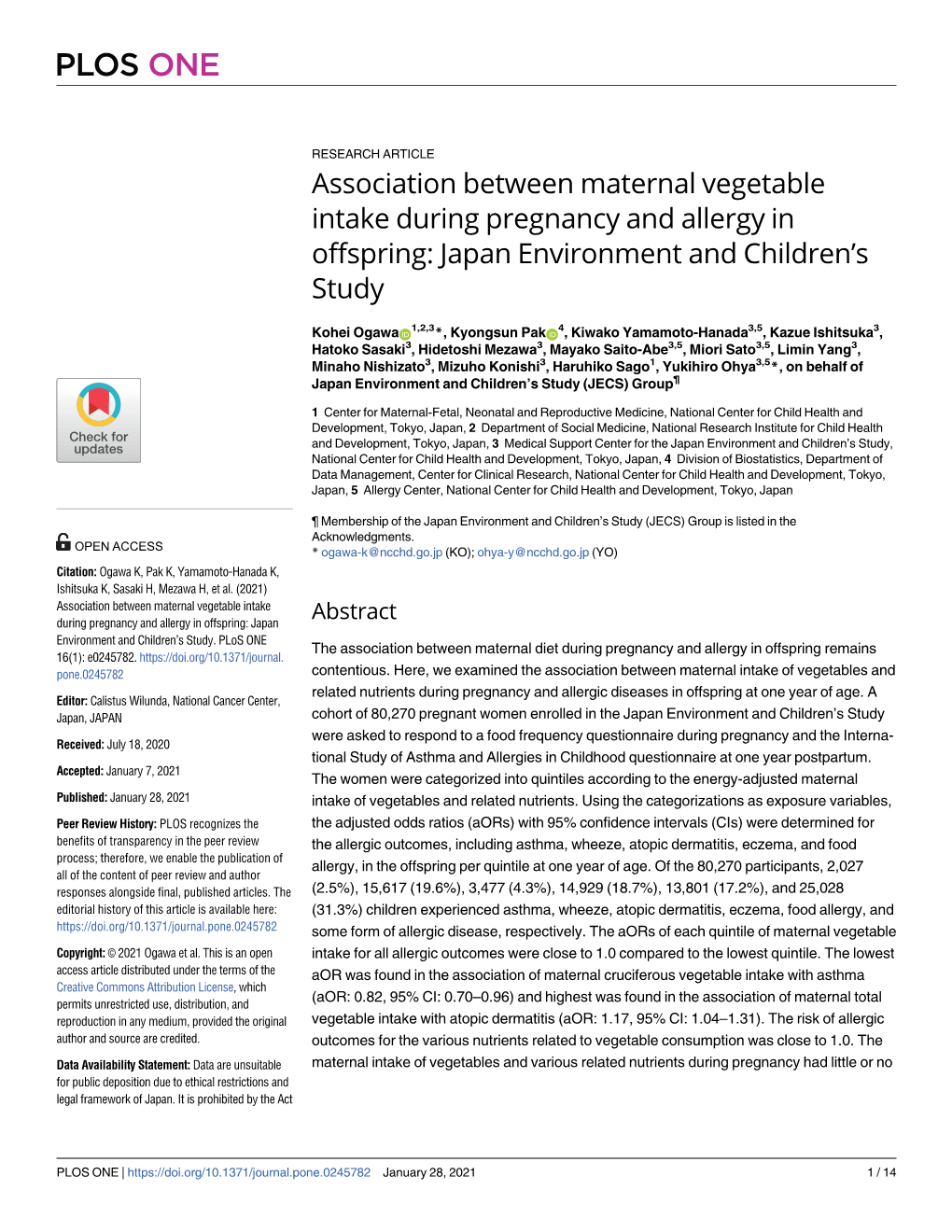 Association Between Maternal Vegetable Intake During Pregnancy and Allergy in Offspring: Japan Environment and Children’S Study