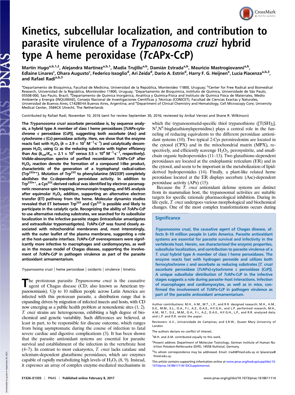 Kinetics, Subcellular Localization, and Contribution to Parasite Virulence of a Trypanosoma Cruzi Hybrid Type a Heme Peroxidase (Tcapx-Ccp)