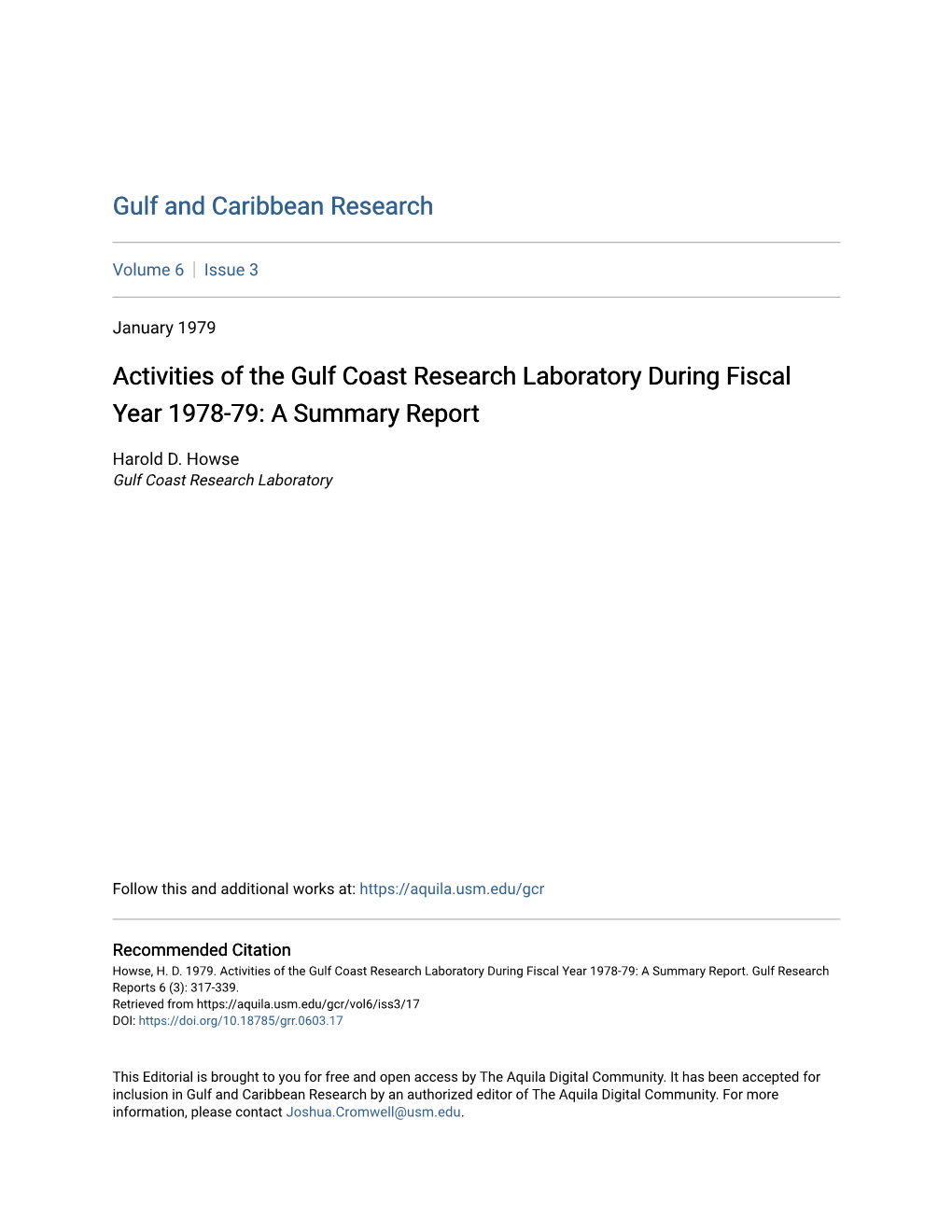 Activities of the Gulf Coast Research Laboratory During Fiscal Year 1978-79: a Summary Report