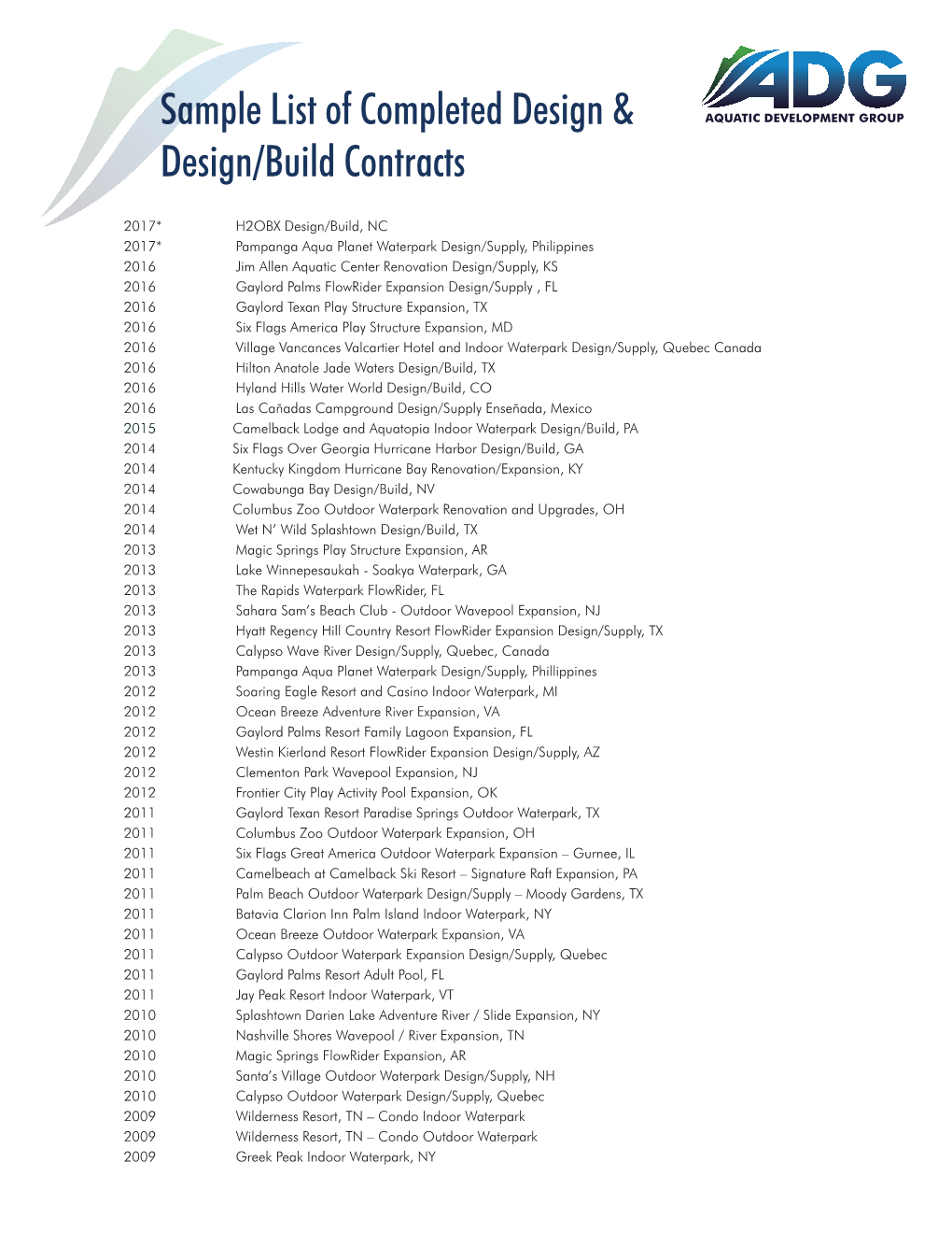 Sample List of Completed Design & Design/Build Contracts