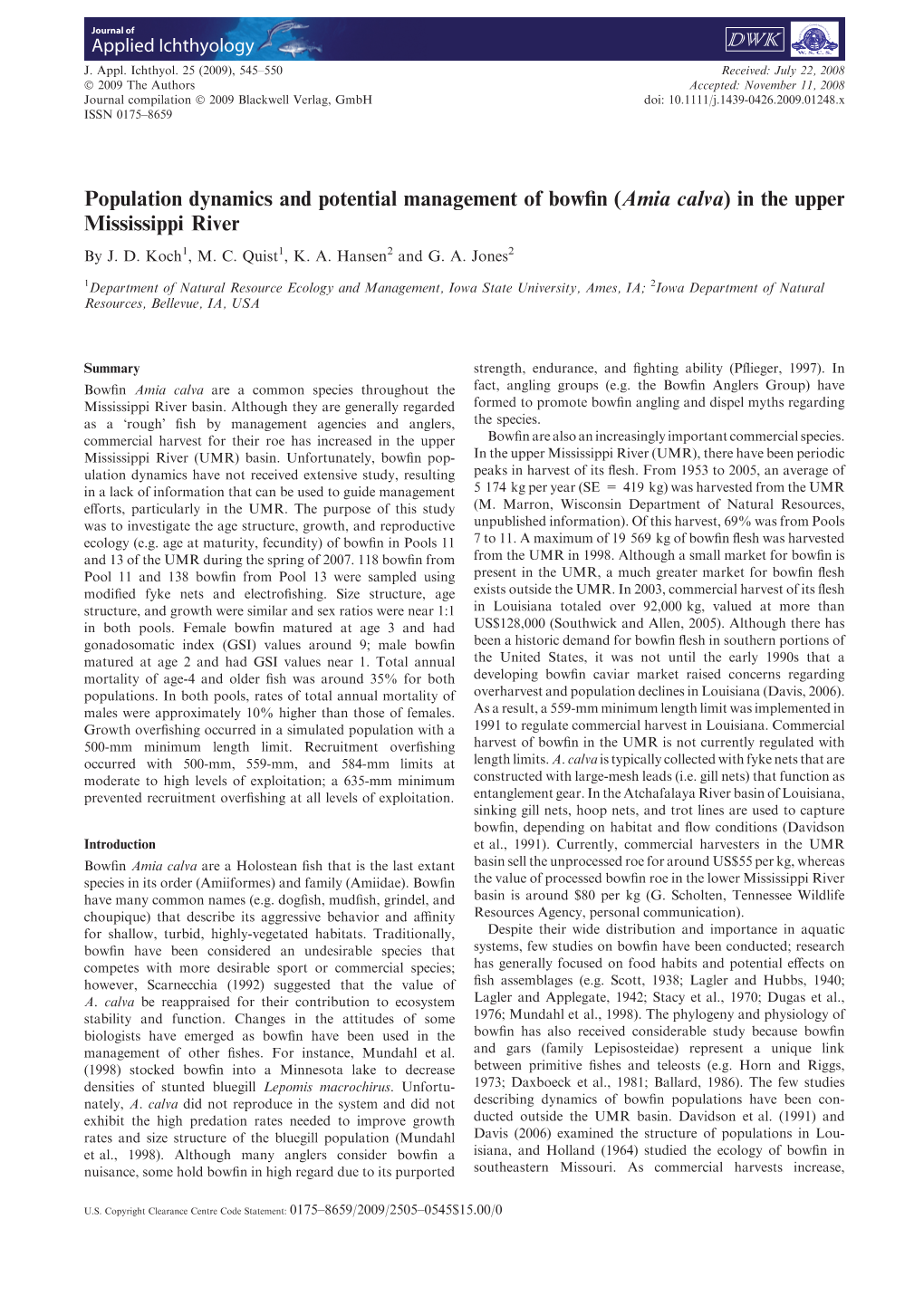 Population Dynamics and Potential Management of Bowfin (Amia Calva)