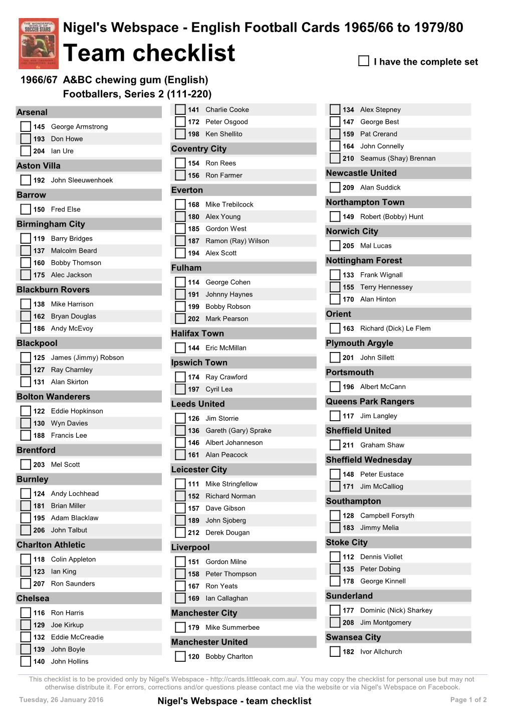 Team Checklist I Have the Complete Set 1966/67 A&BC Chewing Gum (English) Footballers, Series 2 (111-220)