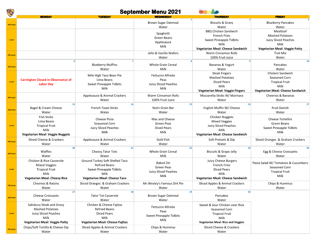 September Menu 2021